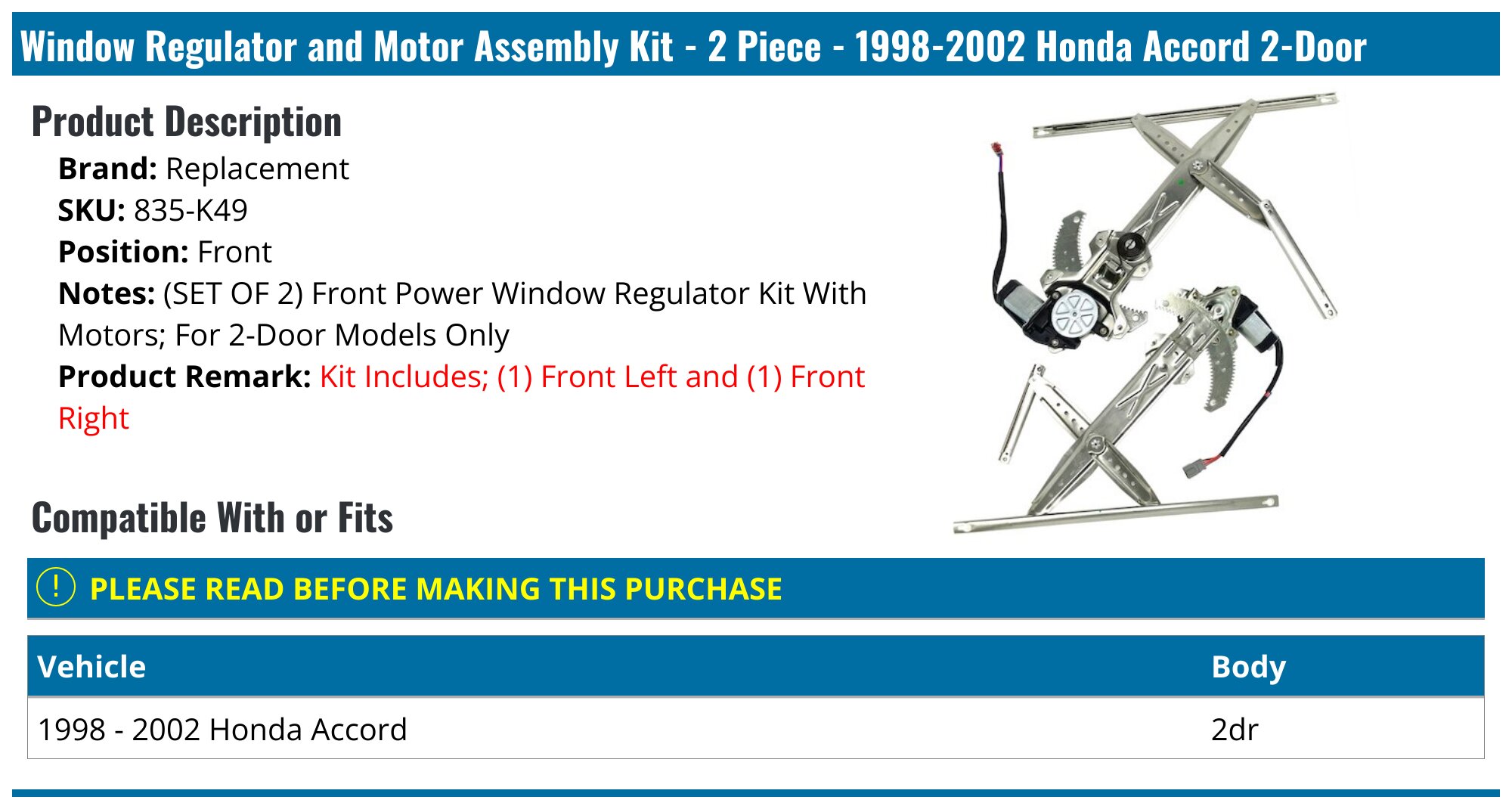 2002 Honda Accord Window Regulator