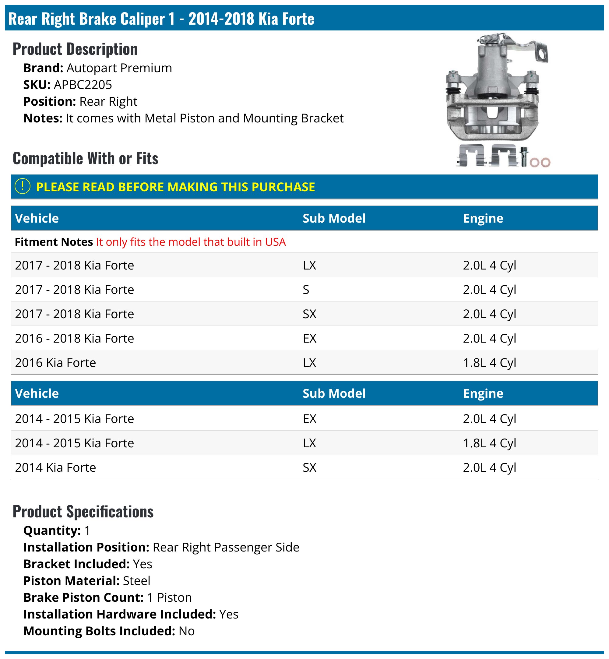 Kia Forte Brake Caliper - Brake Calipers - Autopart Premium SKP API DIY ...