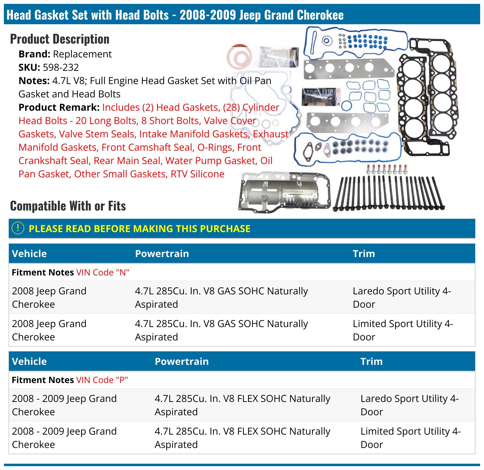20082009 Jeep Grand Cherokee Head Gasket Replacement 598232