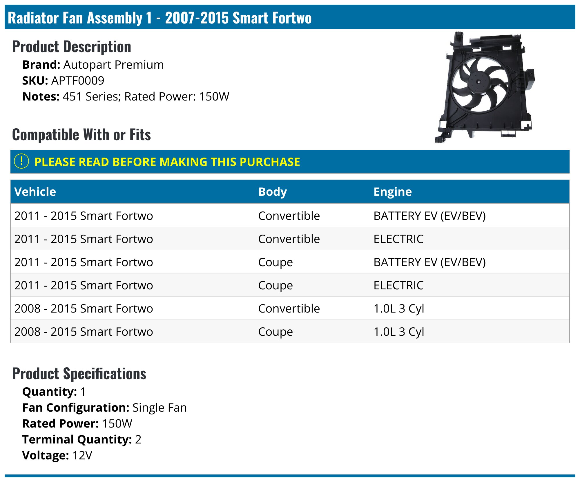 2008-2015 Smart Fortwo Radiator Fan Assembly - Autopart Premium ...