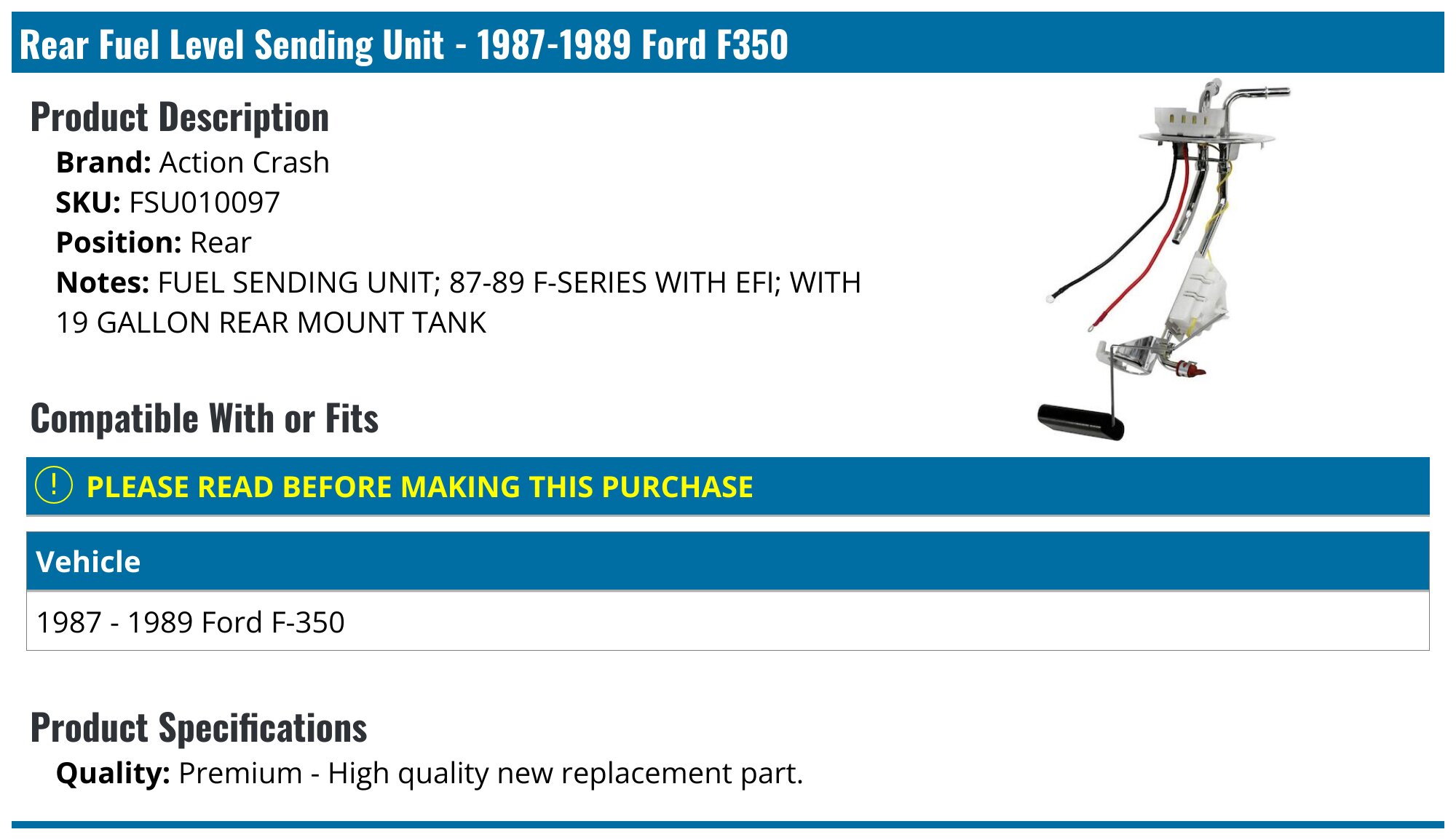 FUEL PUMP SENDING Unit Gas Gauge Level Sensor Kit For 1989-1997 Ford F - Foto 8