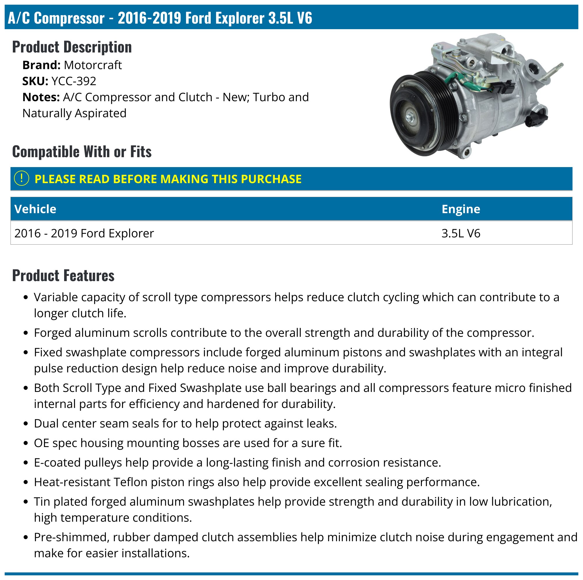 2016-2019 Ford Explorer A/C Compressor - Motorcraft YCC-392 - PartsGeek.com