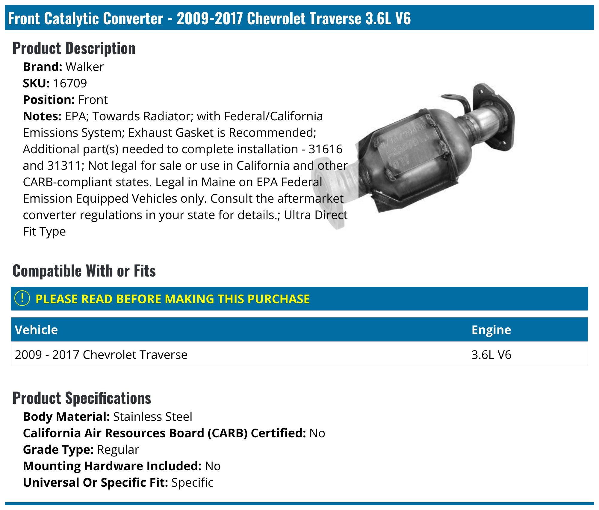 NAT AUTOPARTS EPA Certified Catalytic Converter – 2009-2017 Chevy Traverse/GMC Acadia 3.6L, Direct Fit