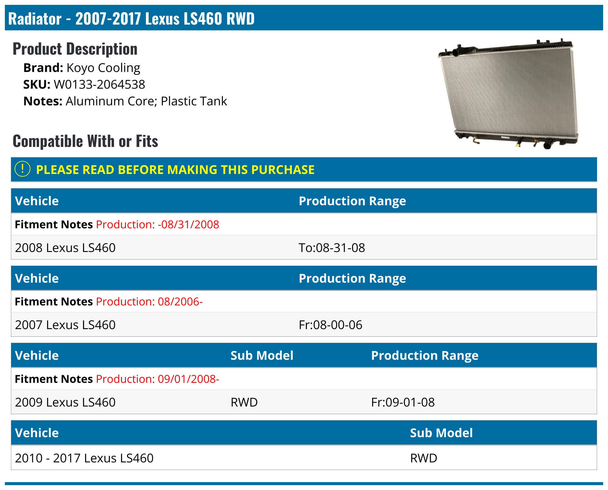 2007-2017 Lexus LS460 Radiator - Koyo Cooling W0133-2064538 - PartsGeek.com