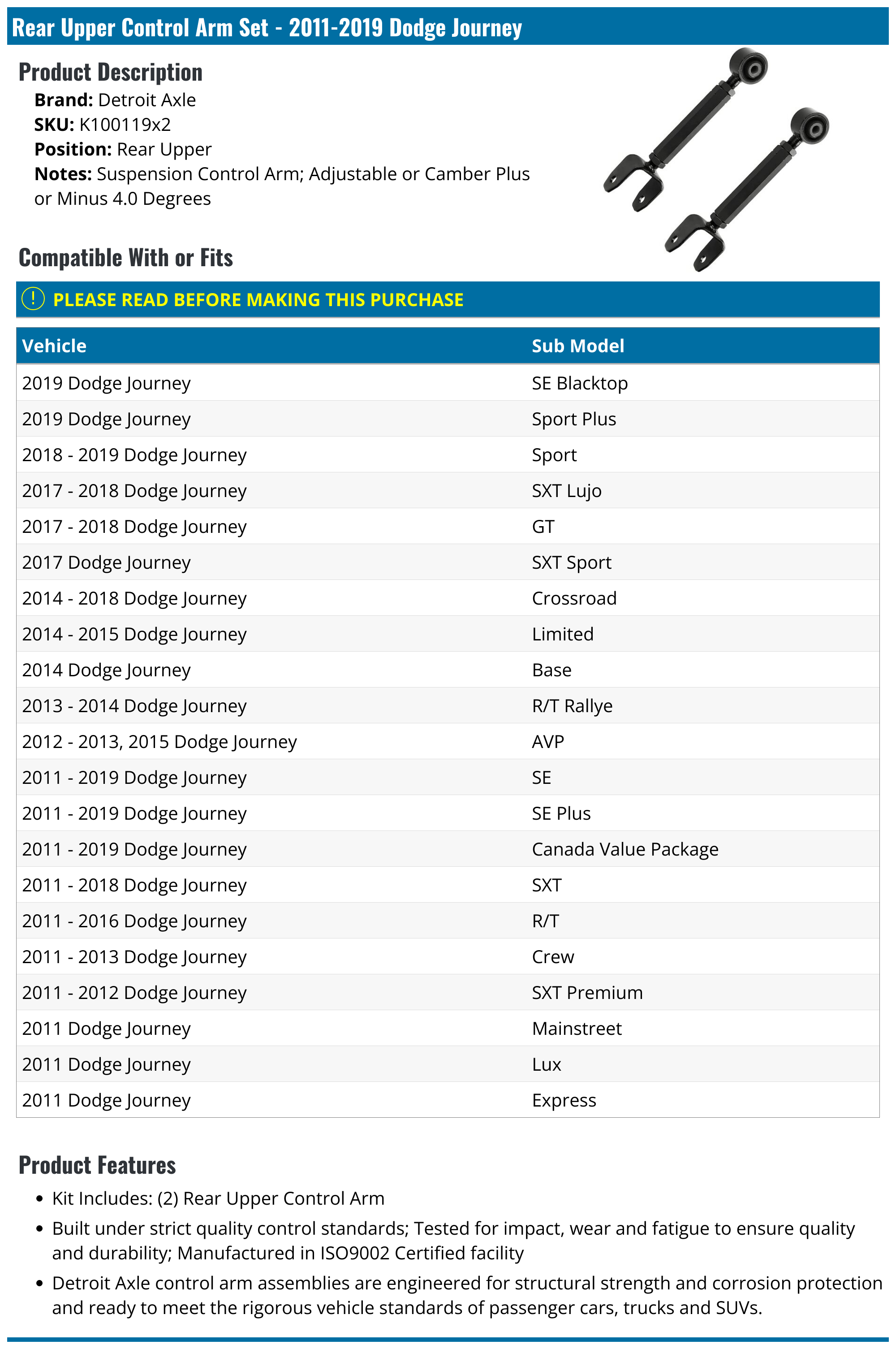 20112019 Dodge Journey Control Arm Detroit Axle K100119x2 Rear