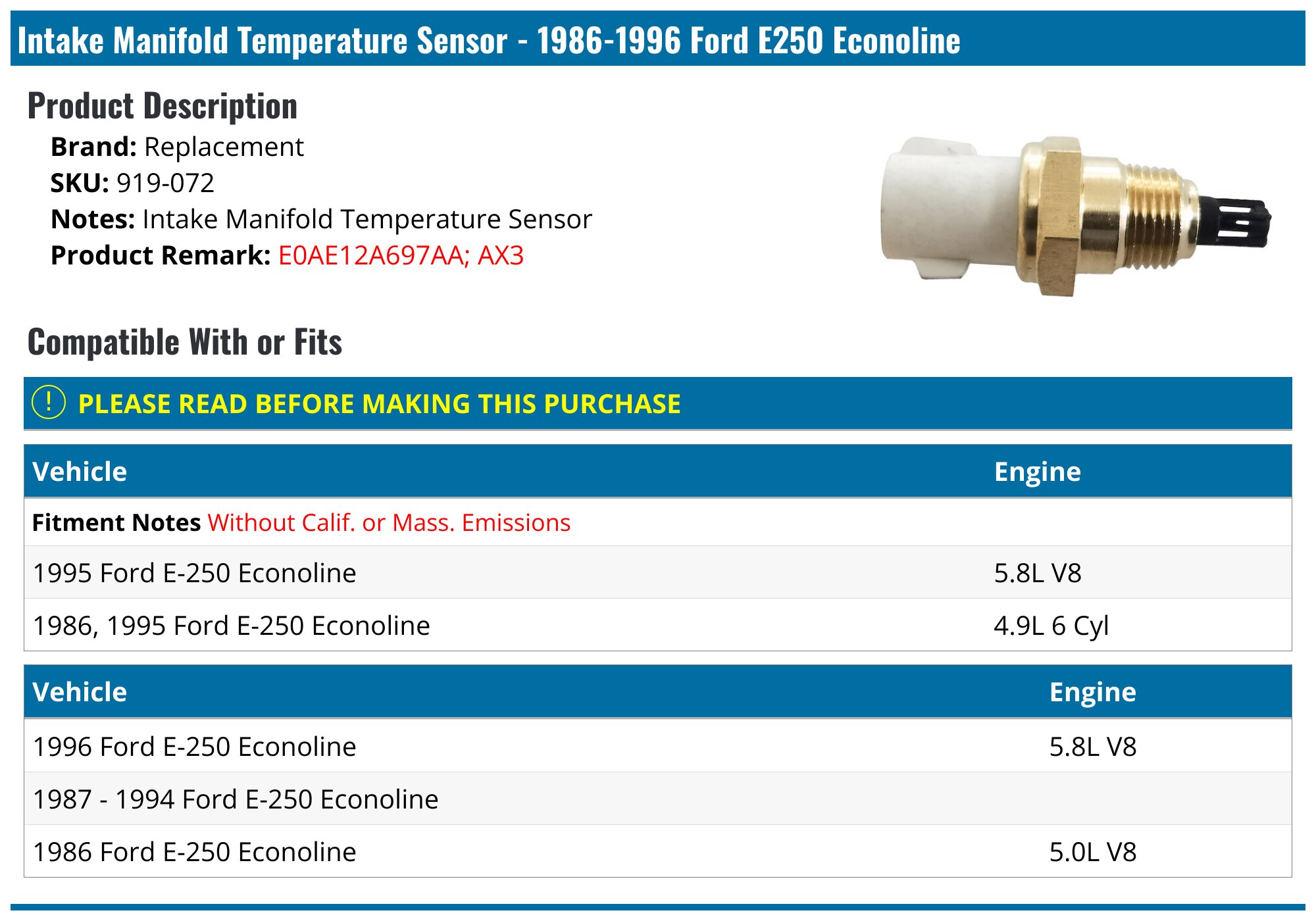1986-1996 Ford E250 Econoline Intake Manifold Temperature Sensor ...