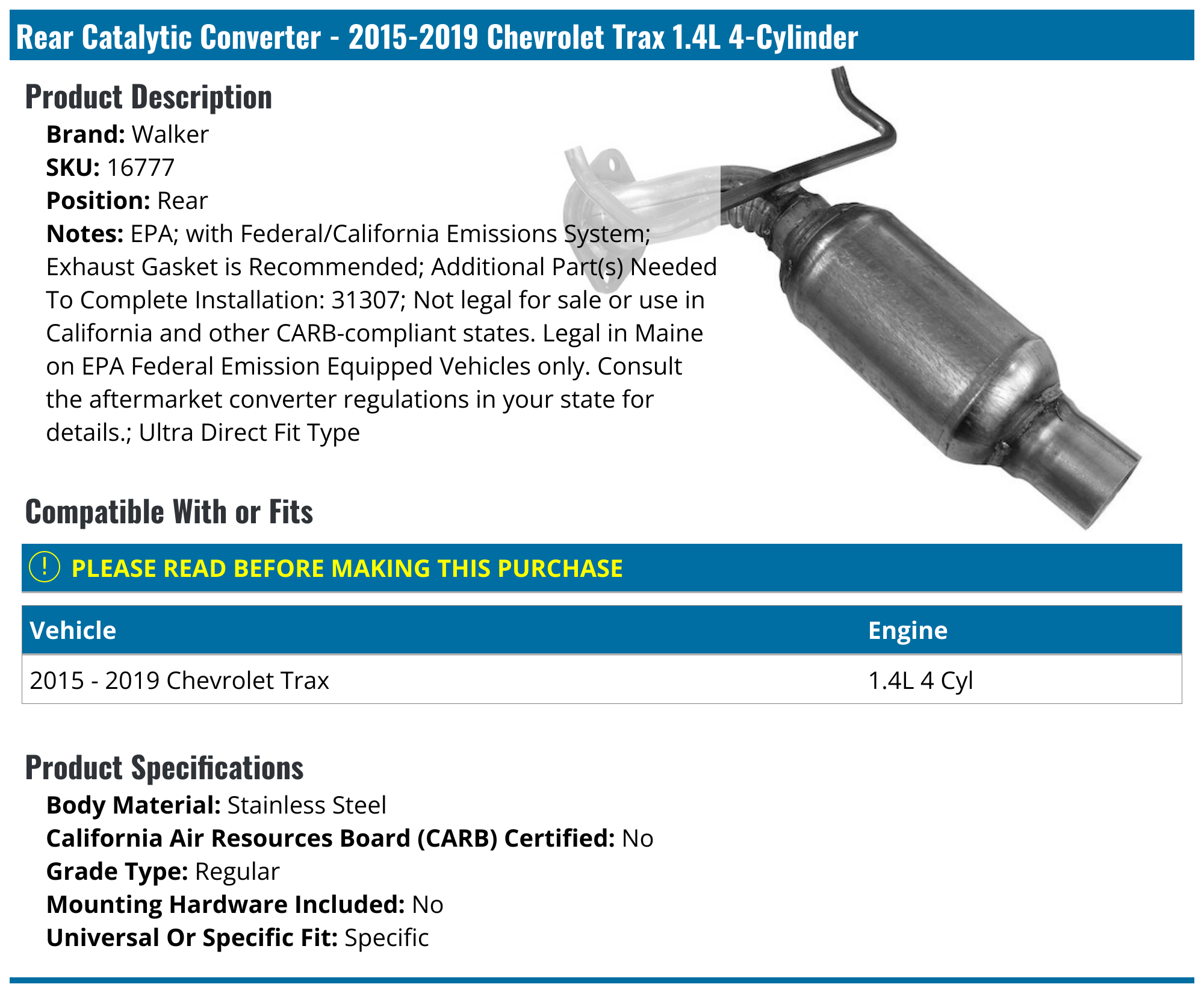 20152019 Chevrolet Trax Catalytic Converter Walker 16777 Rear