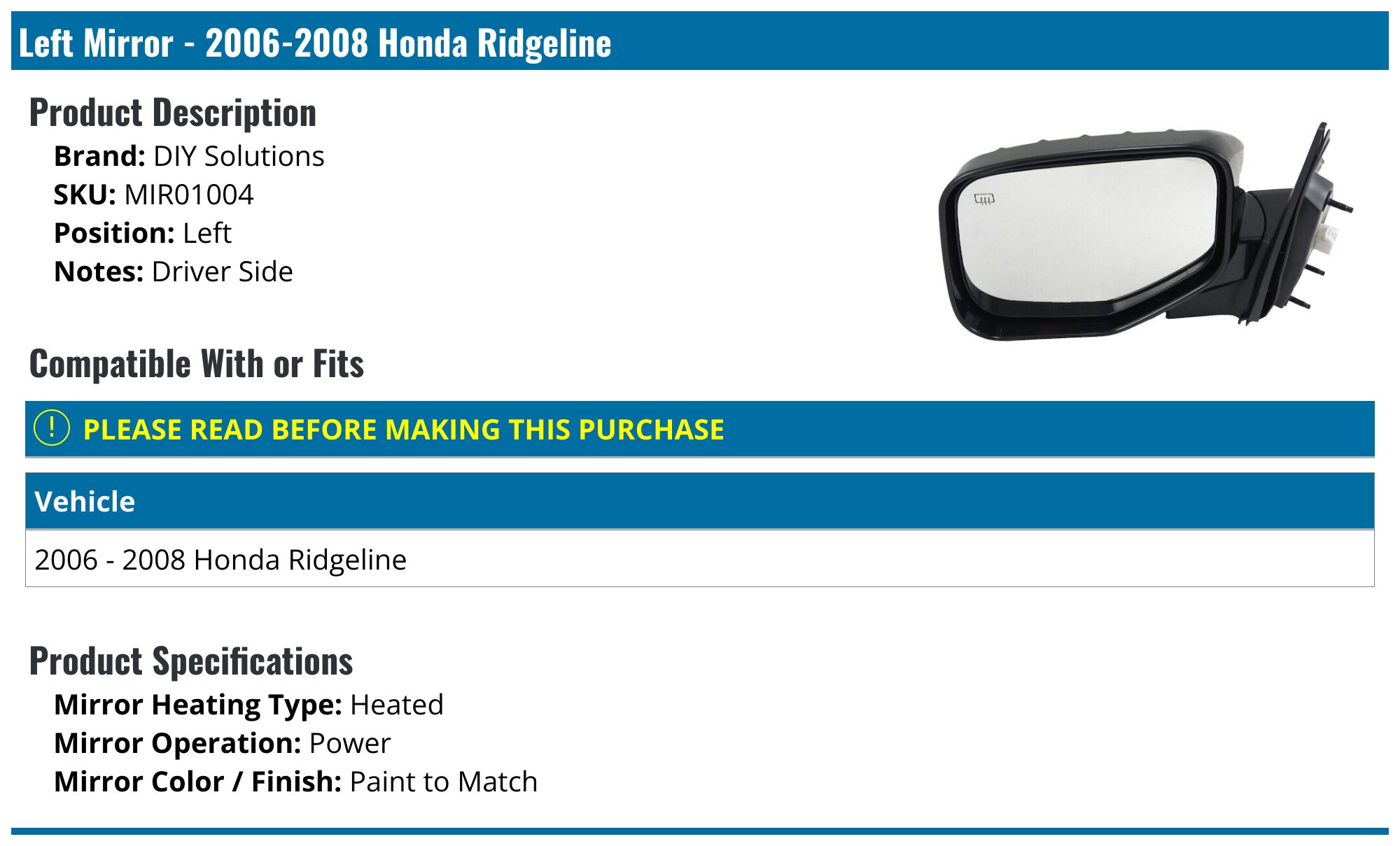 2006-2014 Honda Ridgeline Driver Side View Mirror - Left Door Mirror Fits Oem Used Auto Parts 1