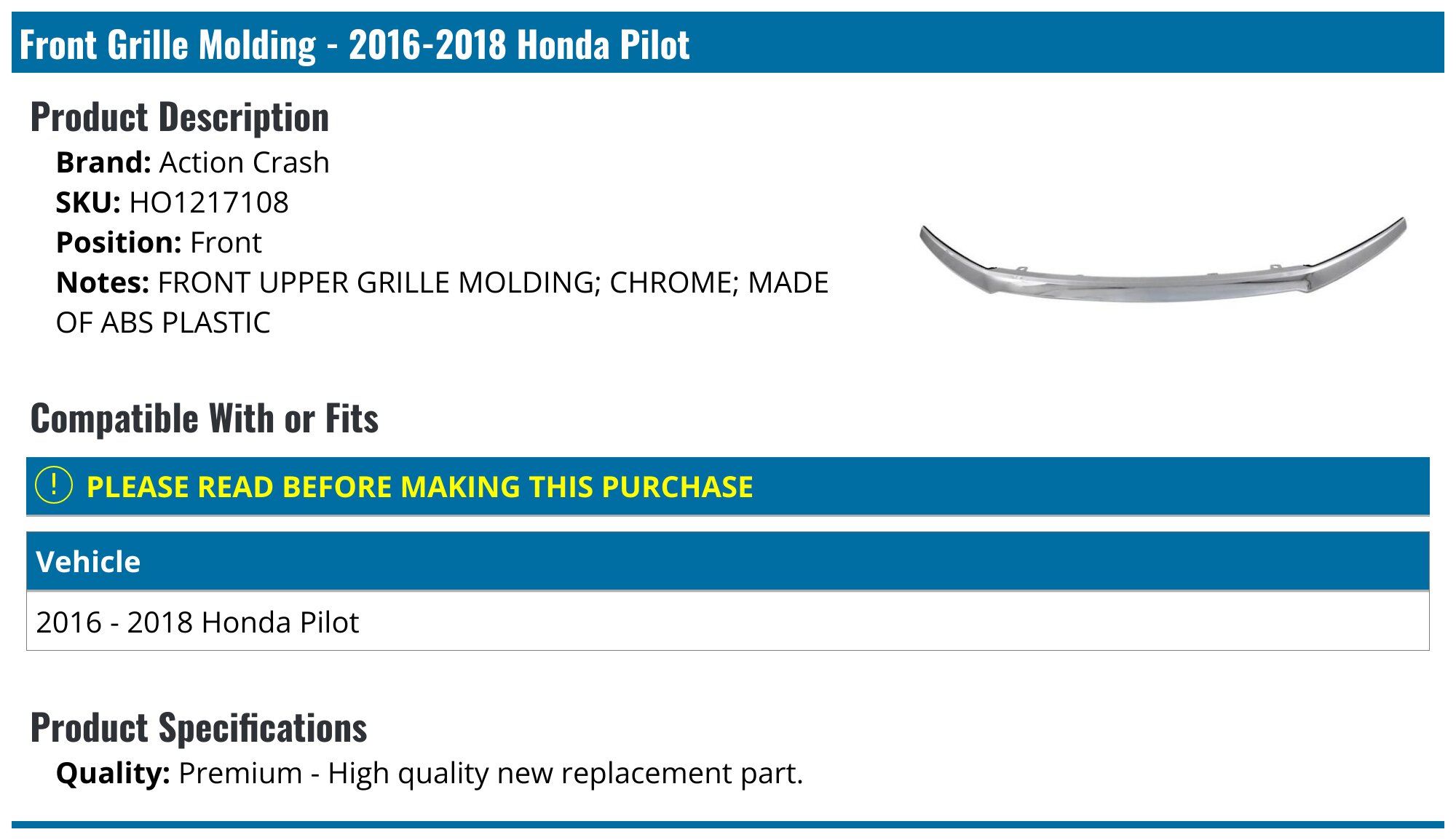 Action Crash Front Bumper Grille Molding For 2016-2018 Honda Pilot – 85142JR – Chrome