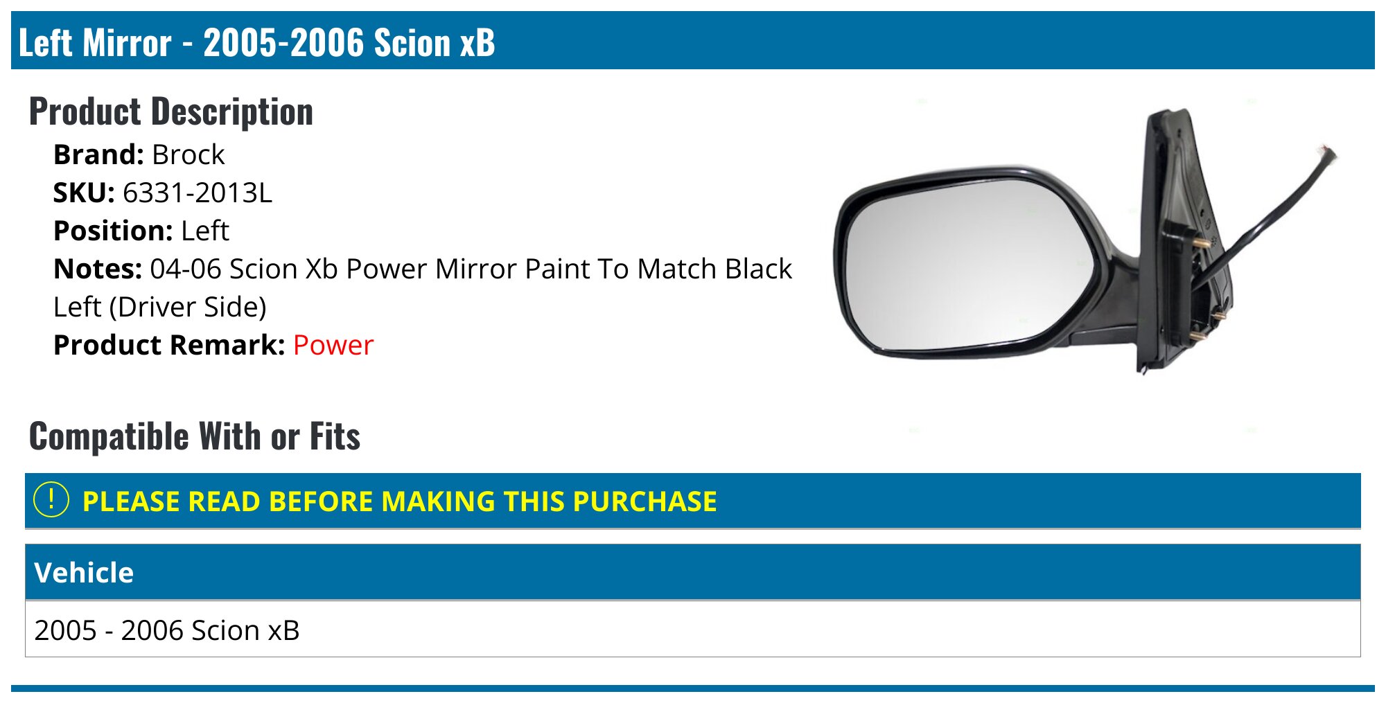 SYEC　フロント・リア同時購入 New Left & Right Power Mirror Set For 2004-2006 Scion XB - Black