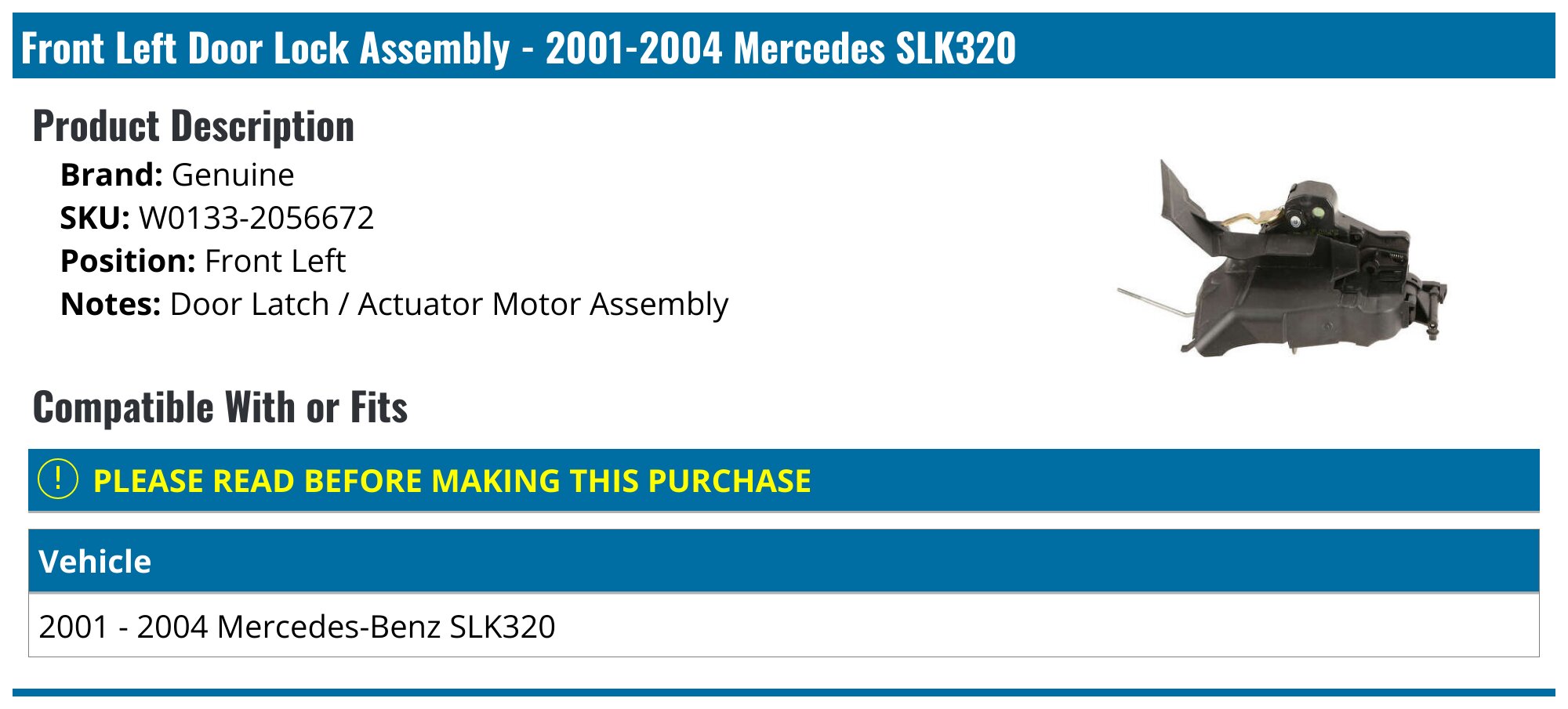 Left Front Door Lock For Mercedes SLK R172 & SL R231 (2012-2020) – Passenger Side, Nearside, With A2047203735 Mechanism