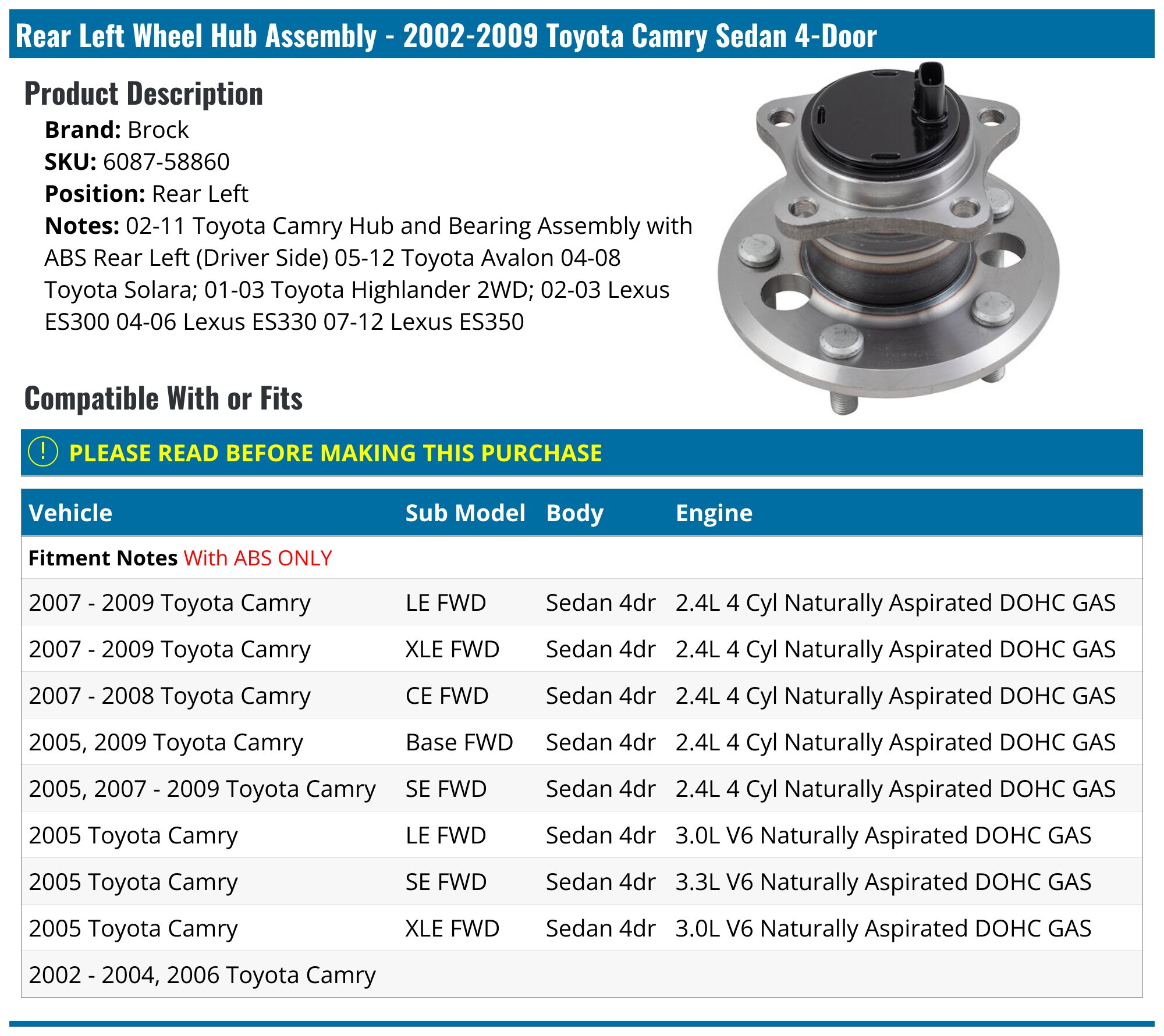 FKG Rear Wheel Hub & Bearing Assembly Driver Left For Toyota Camry, ES300, ES330 W/ ABS