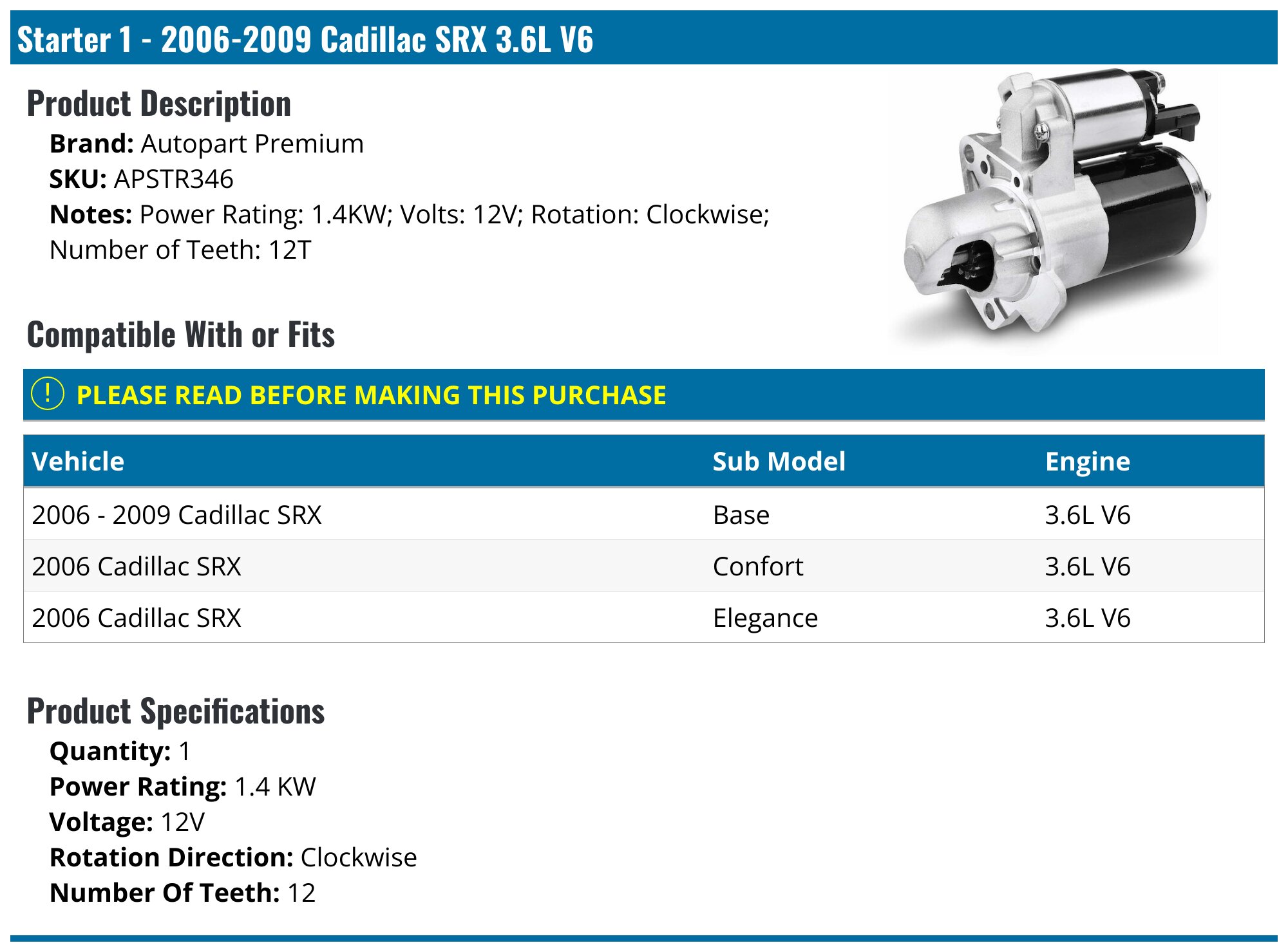 New Starter For Cadillac SRX 3.6L V6 2004-2005 – Crank N Charge 1.4 KW, 11 Tooth
