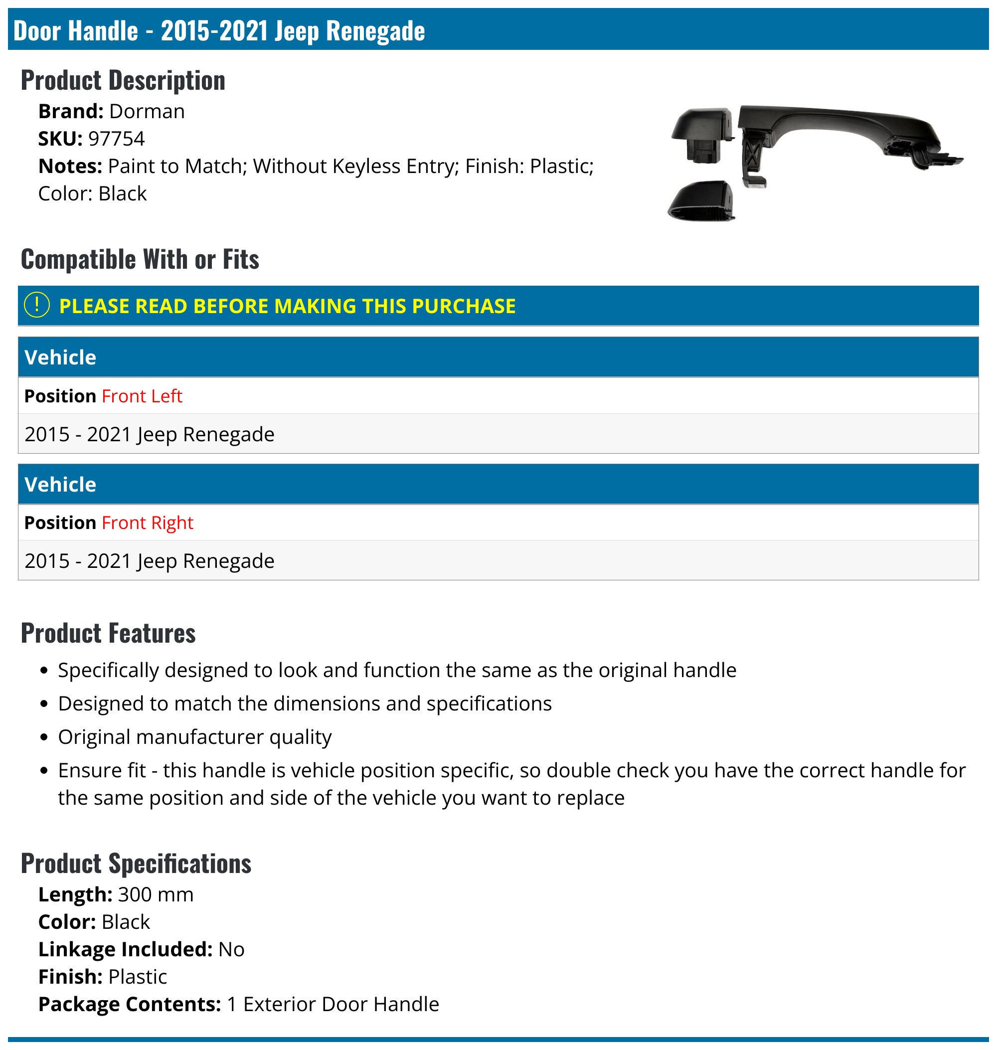 20152021 Jeep Renegade Door Handle Dorman 97754 Front Right