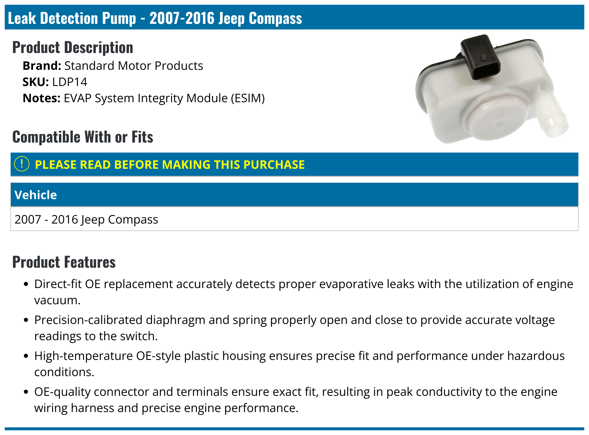 20072016 Jeep Compass Leak Detection Pump Standard Motor Products