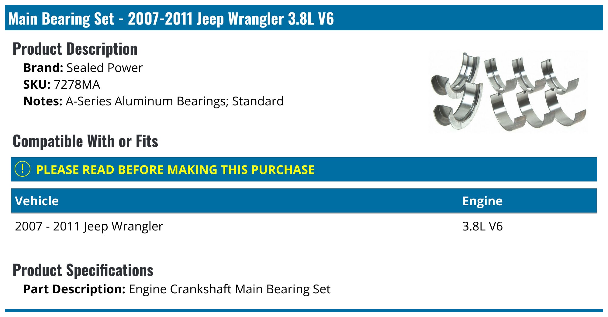 Engine Crankshaft Main Bearing Set Sealed Power 5078MA 10