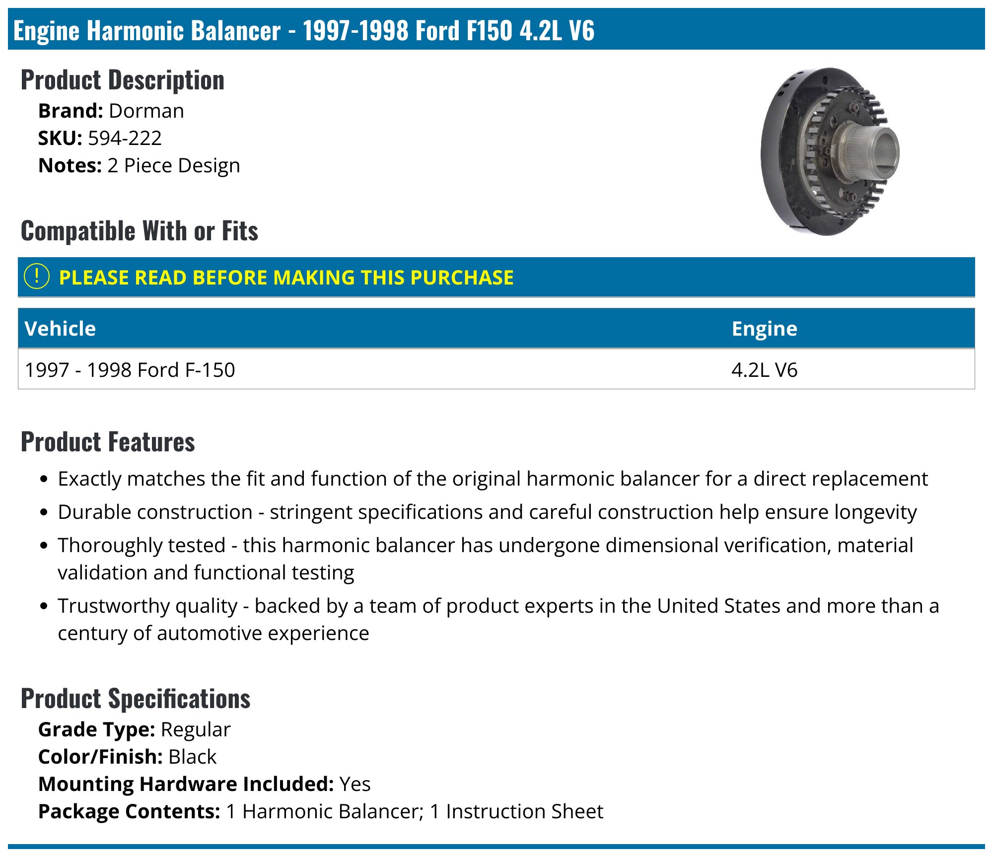 Dorman 594-502 Engine Harmonic Balancer Compatible With