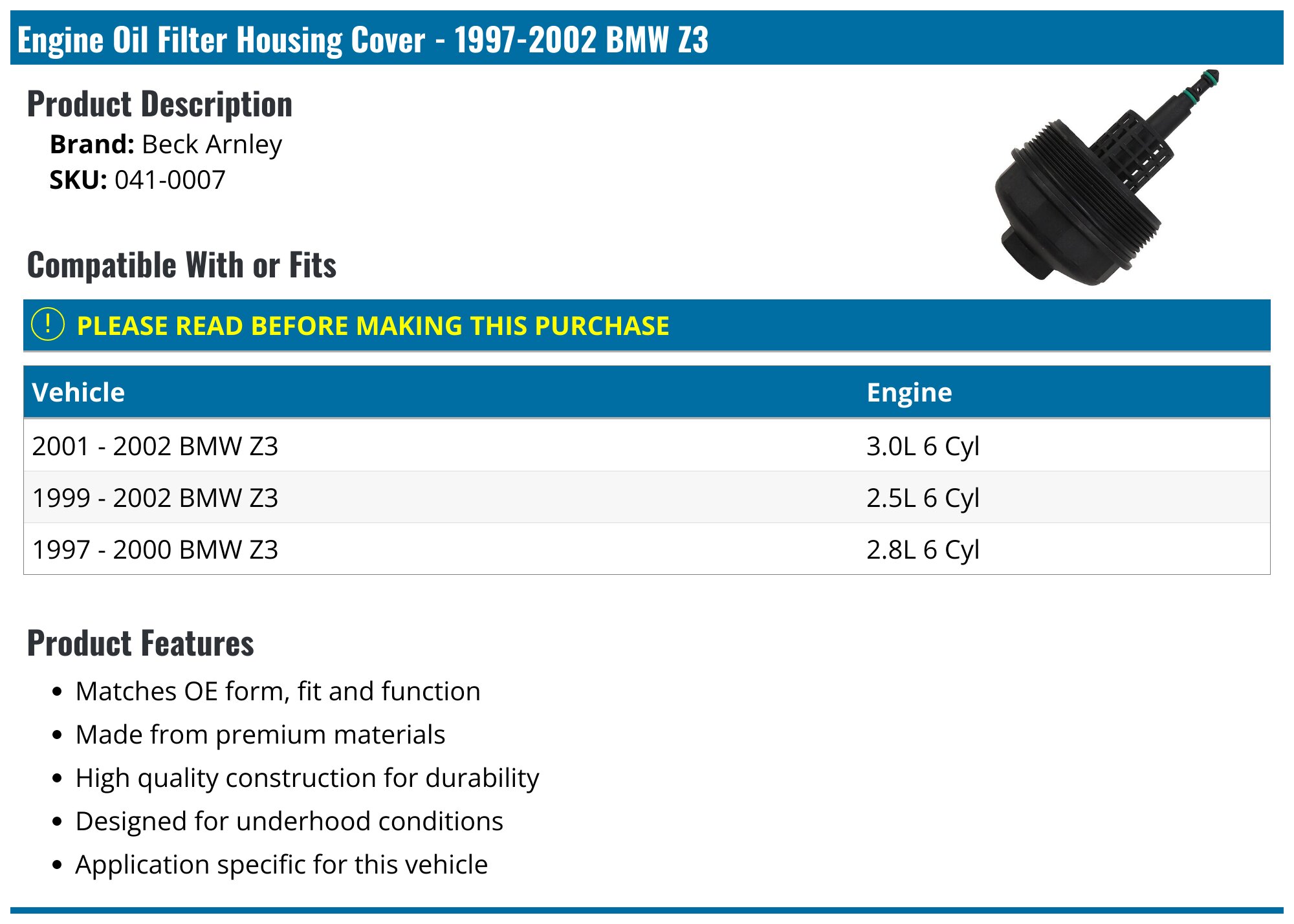 1997 2002 BMW Z3 Engine Oil Filter Housing Cover Beck Arnley 041 0007 1997-2002-bmw-z3-engine-oil-filter-housing-cover-beck-arnley-041-0007