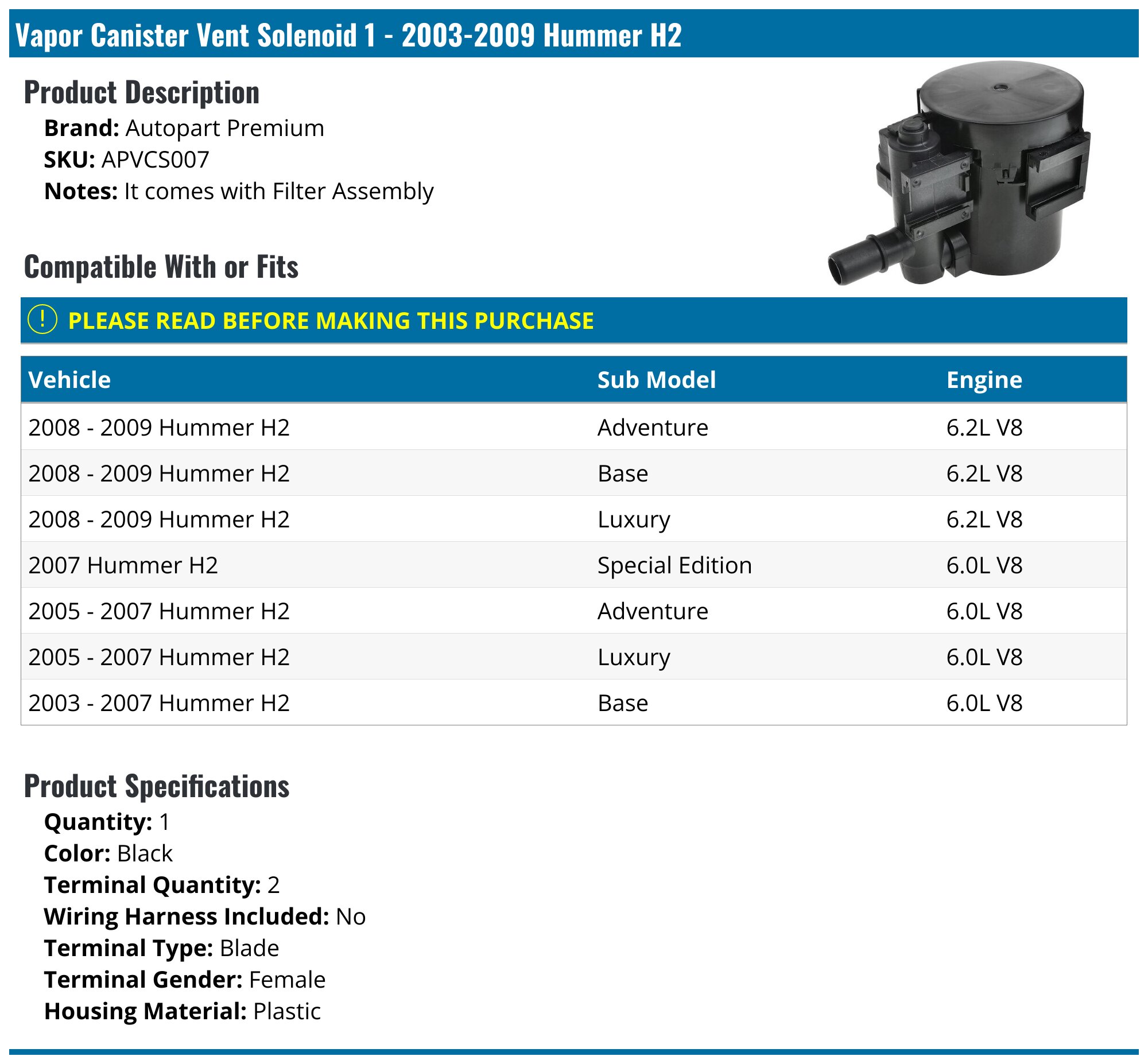 20032009 Hummer H2 Vapor Canister Vent Valve Autopart Premium