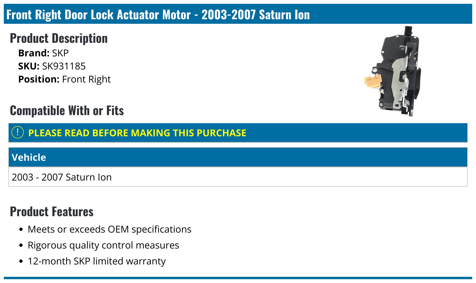 Mid Valley Power Door Lock Actuator – Front Left For Saturn Ion & Vue – 931-184