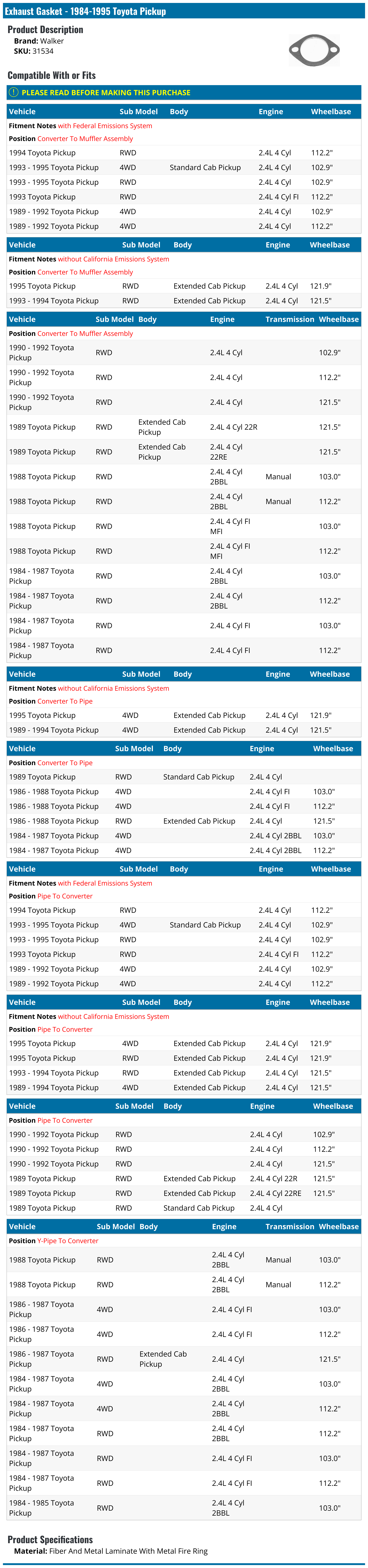 19841995 Toyota Pickup Exhaust Gasket Walker 31534 YPipe To