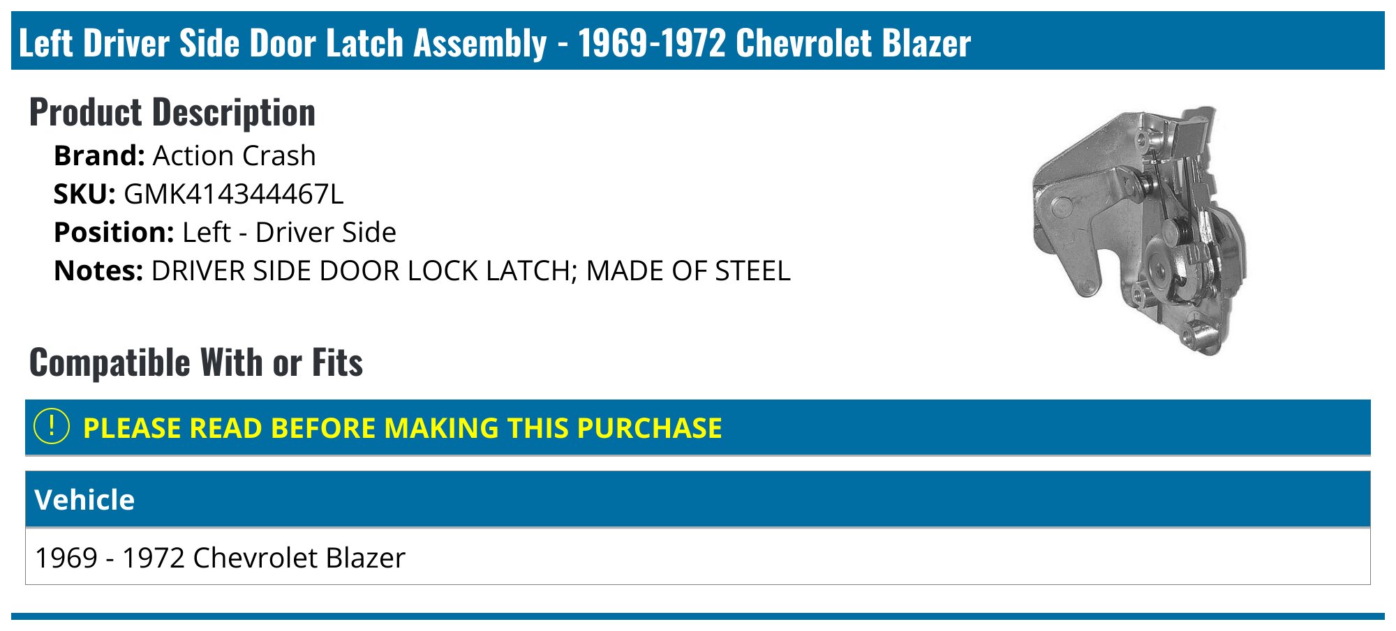 Front Left Driver Side Door Latch Assembly For Chevy Astro, GMC Safari, Blazer, Etc.