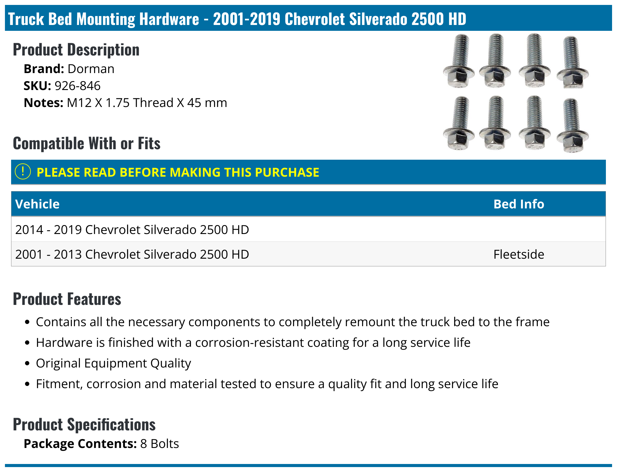 20012019 Chevrolet Silverado 2500 HD Truck Bed Mounting Hardware