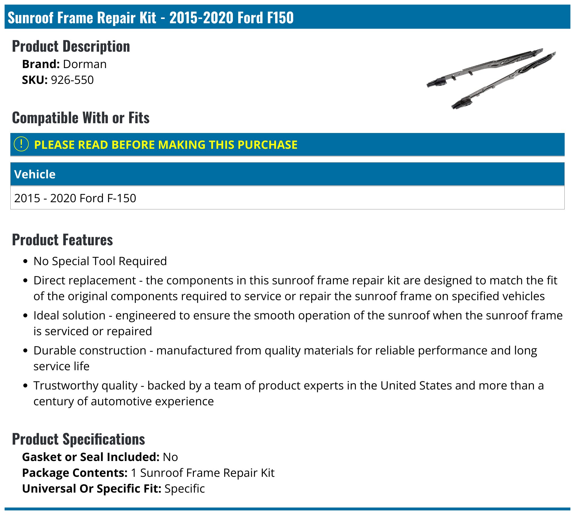 20152020 Ford F150 Sunroof Frame Repair Kit Dorman 926550