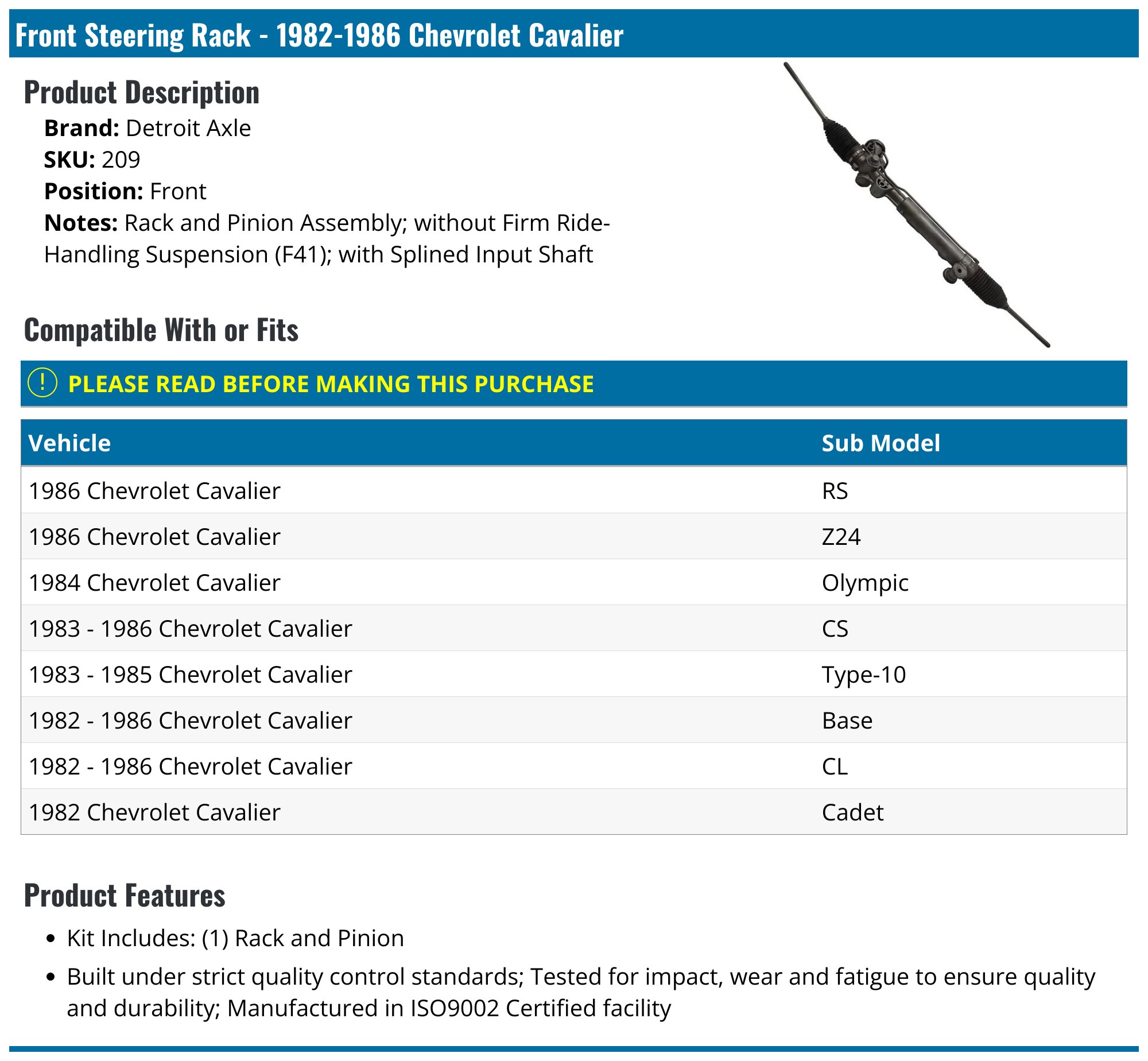 1982-1986 Chevrolet Cavalier Steering Rack - Detroit Axle 209 - Front ...