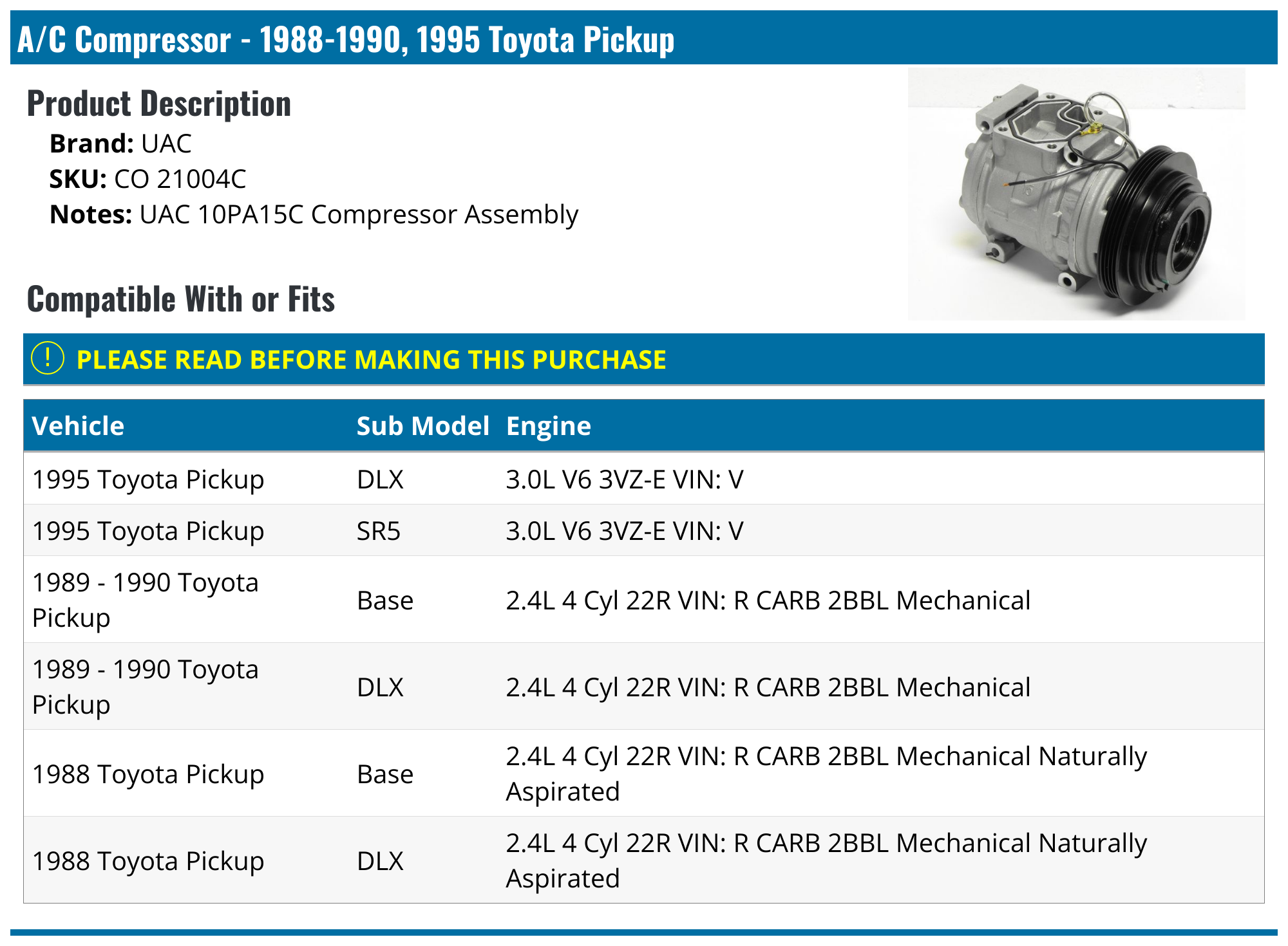1988-1990, 1995 Toyota Pickup A/C Compressor - UAC CO 21004C ...