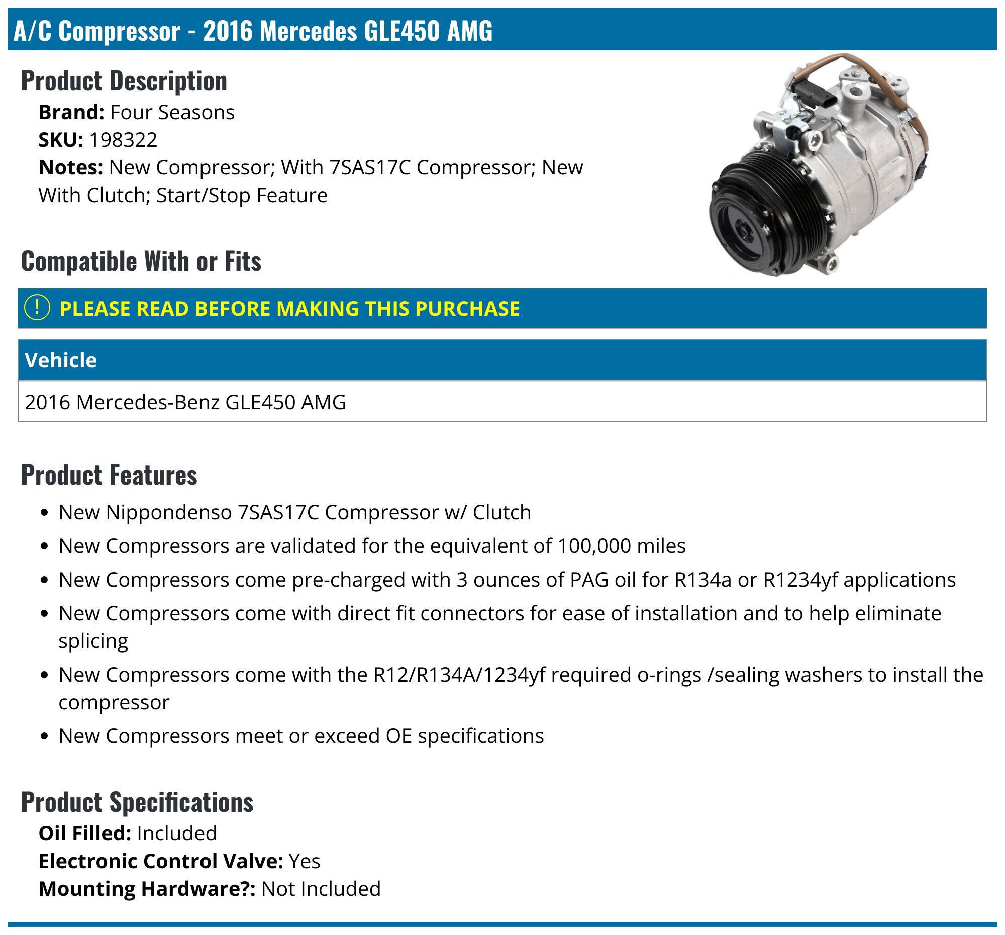 2016 Mercedes GLE450 AMG A/C Compressor - Four Seasons 198322 ...