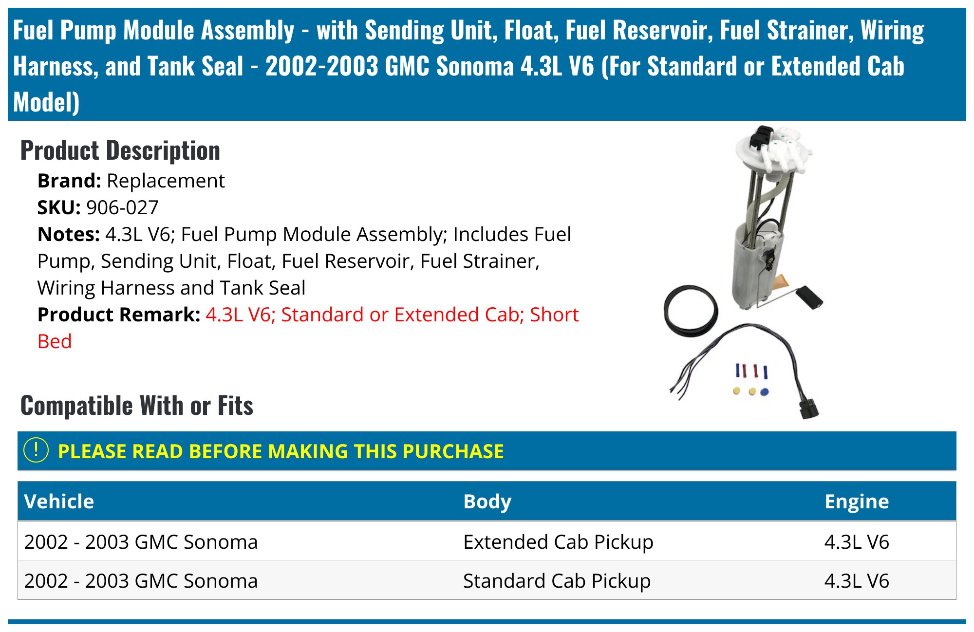 20022003 GMC Sonoma Fuel Pump Replacement 906027