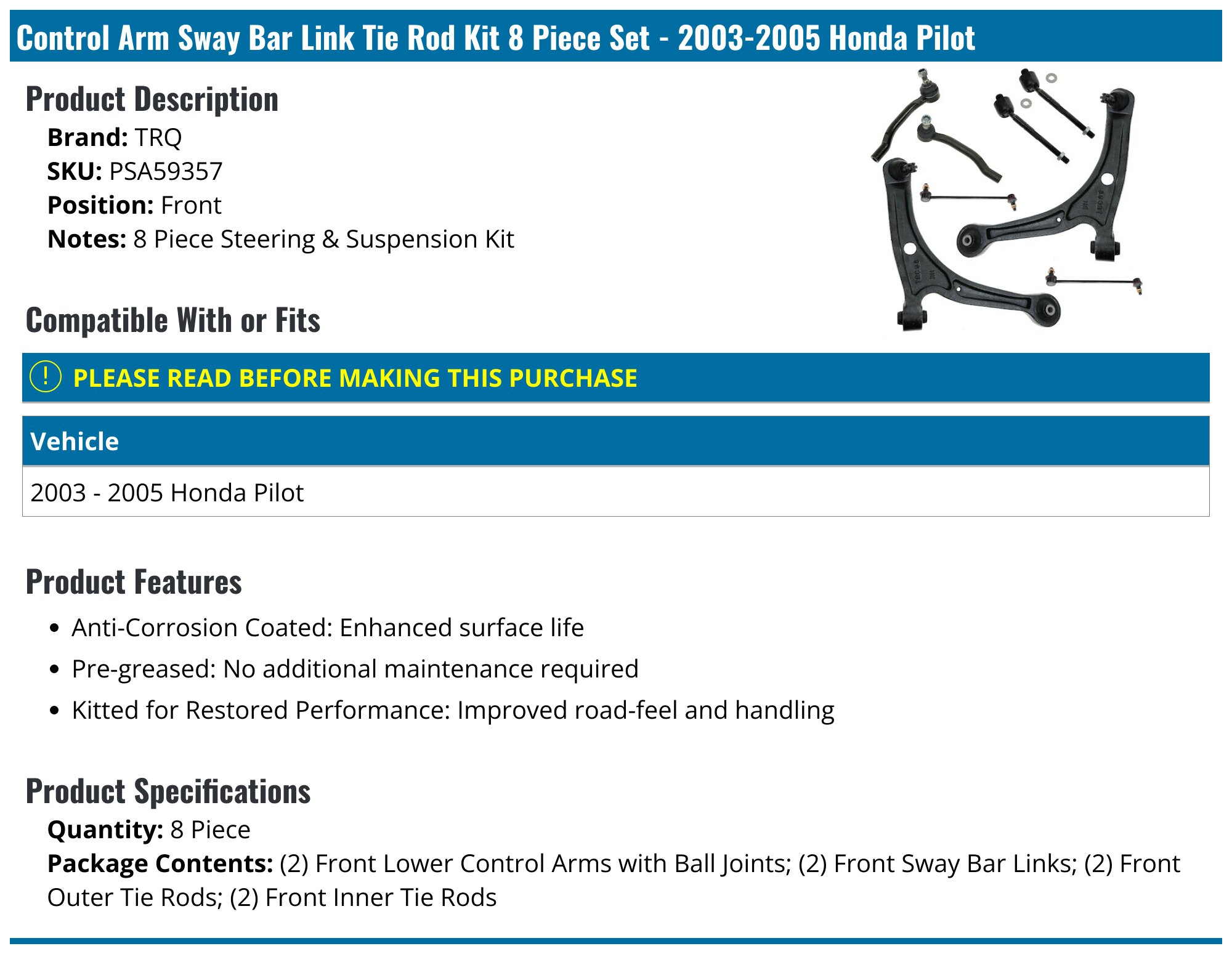 6pc Front End Kit For 2002-2004 Honda Odyssey | Inner/Outer Tie Rods & Sway Bar Links | PartsW