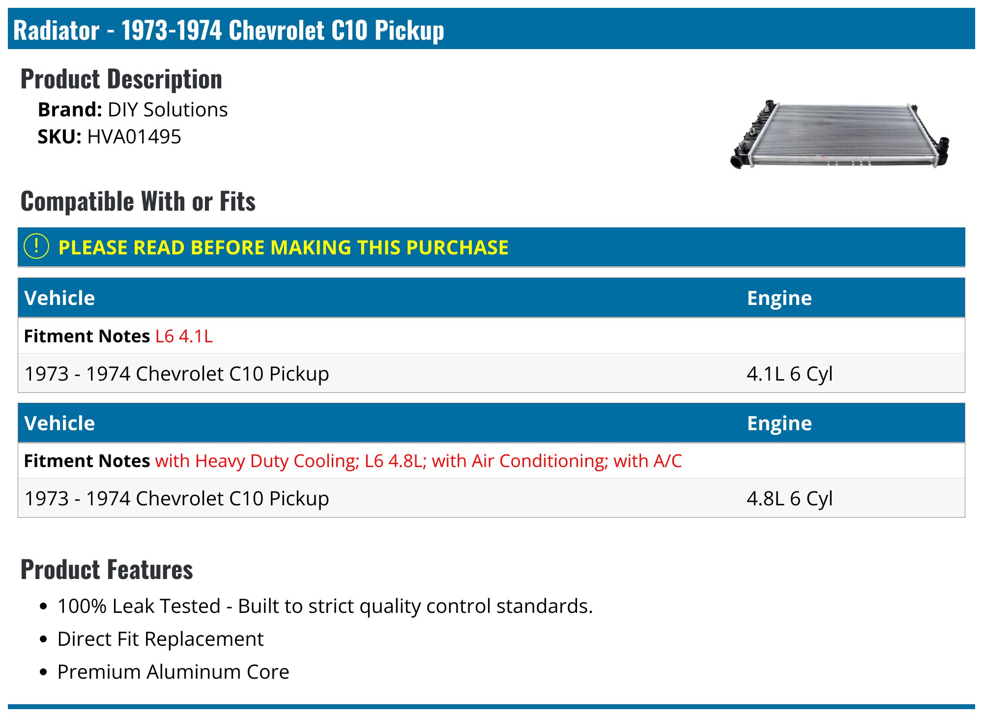 13976 Radiator 1973-1974 Chevrolet C10 Pickup Radiator - DIY Solutions HVA01495 ...