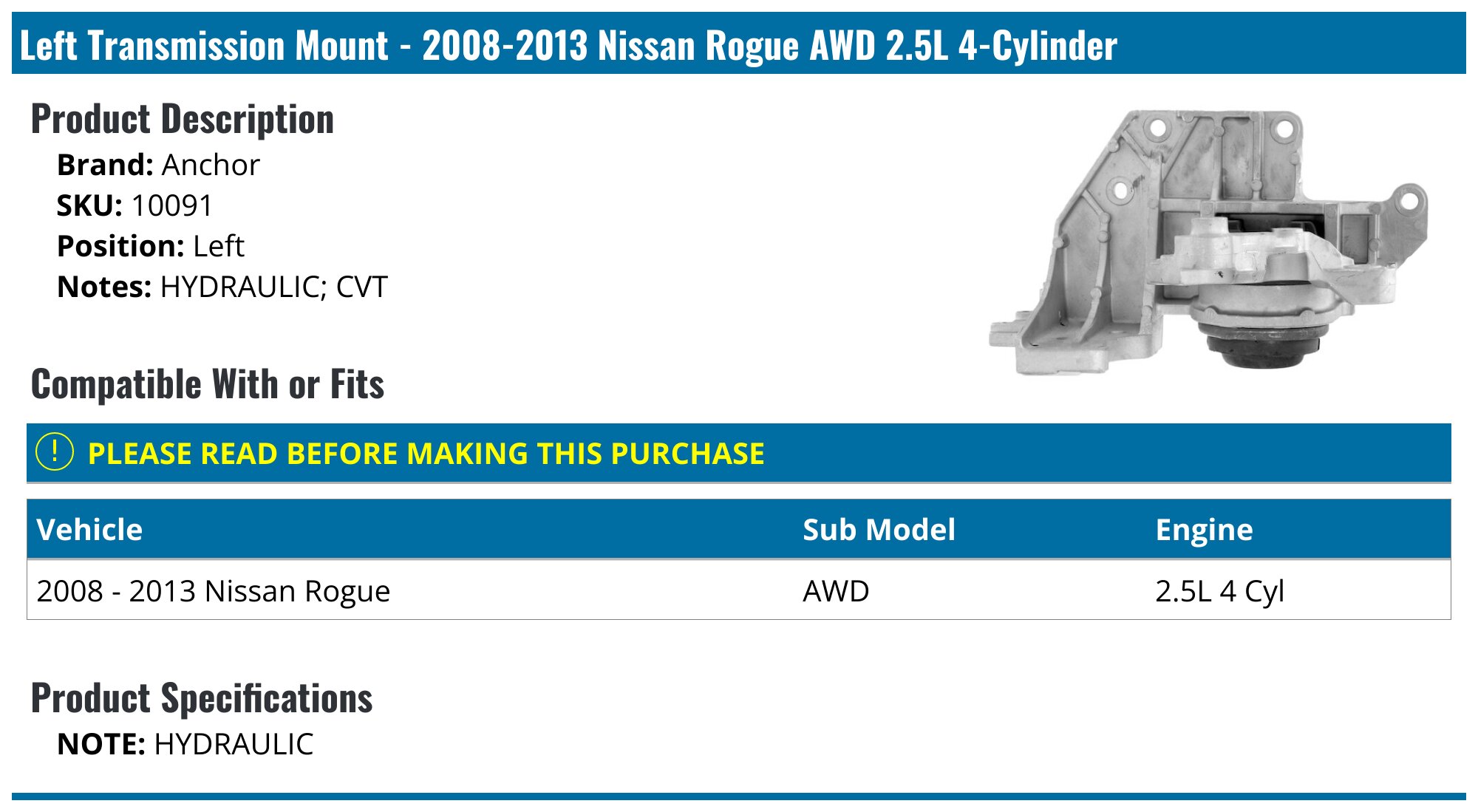 For 2008-2013 Nissan Rogue Transmission Mount Left 56752NMJD 2012 2010 2009 2011