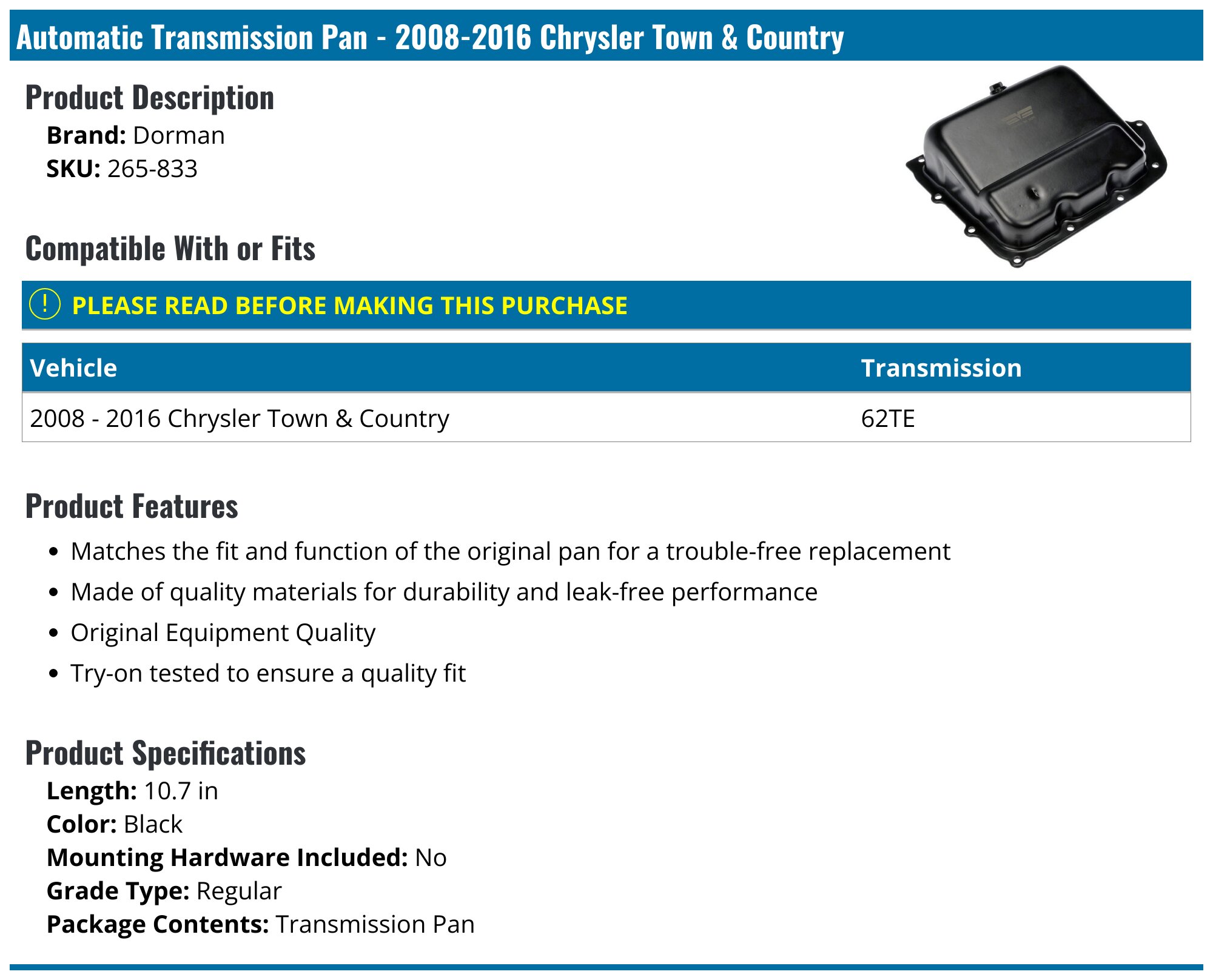 Dorman 265-833 Automatic Transmission Oil Pan for Select Chrysler/Dodge/Ram Models