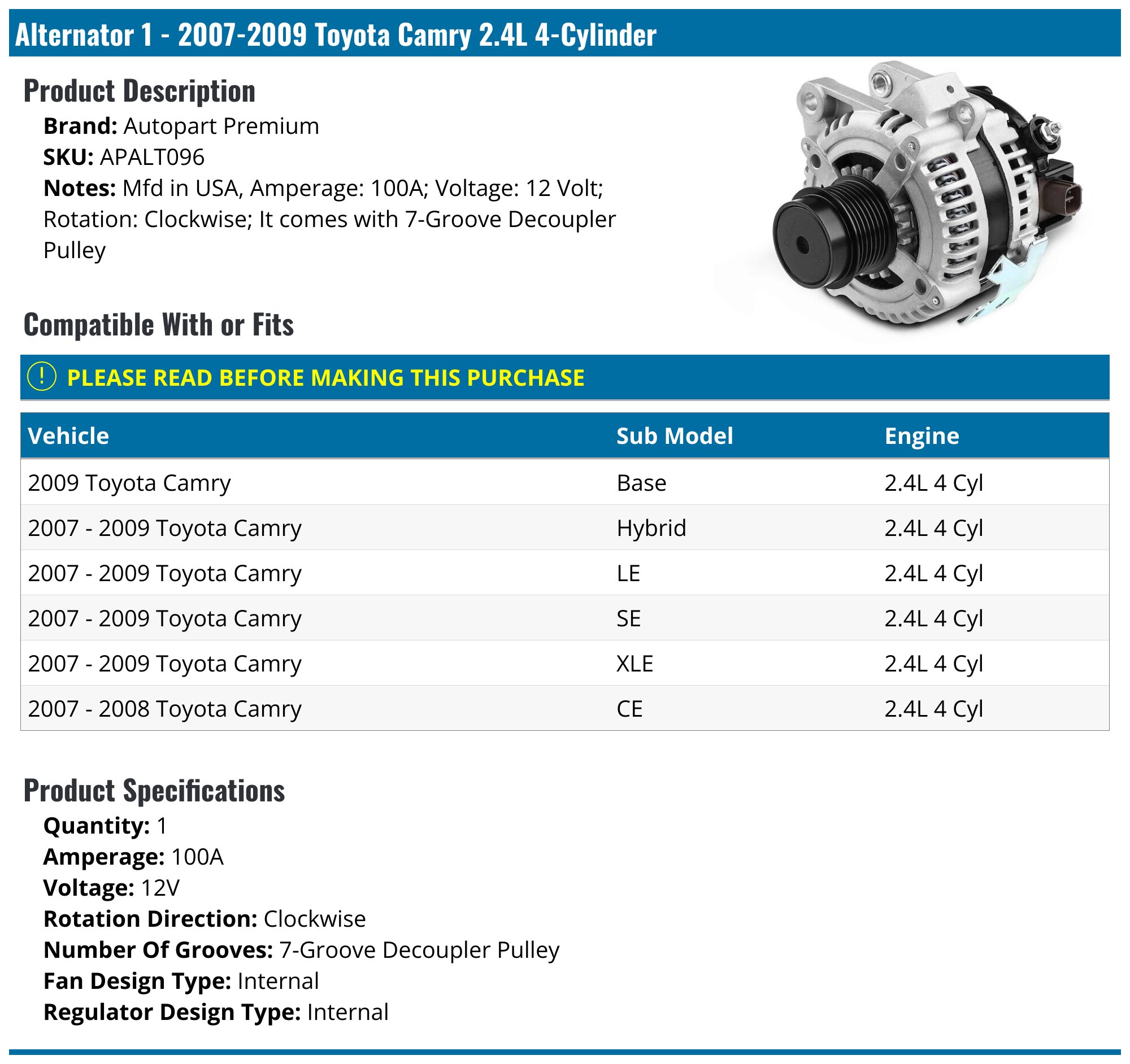 100 Amp Alternator For Toyota Camry, Matrix, Corolla, Scion XB, Pontiac Vibe (2007-2015) - A-Carparts A11865701C