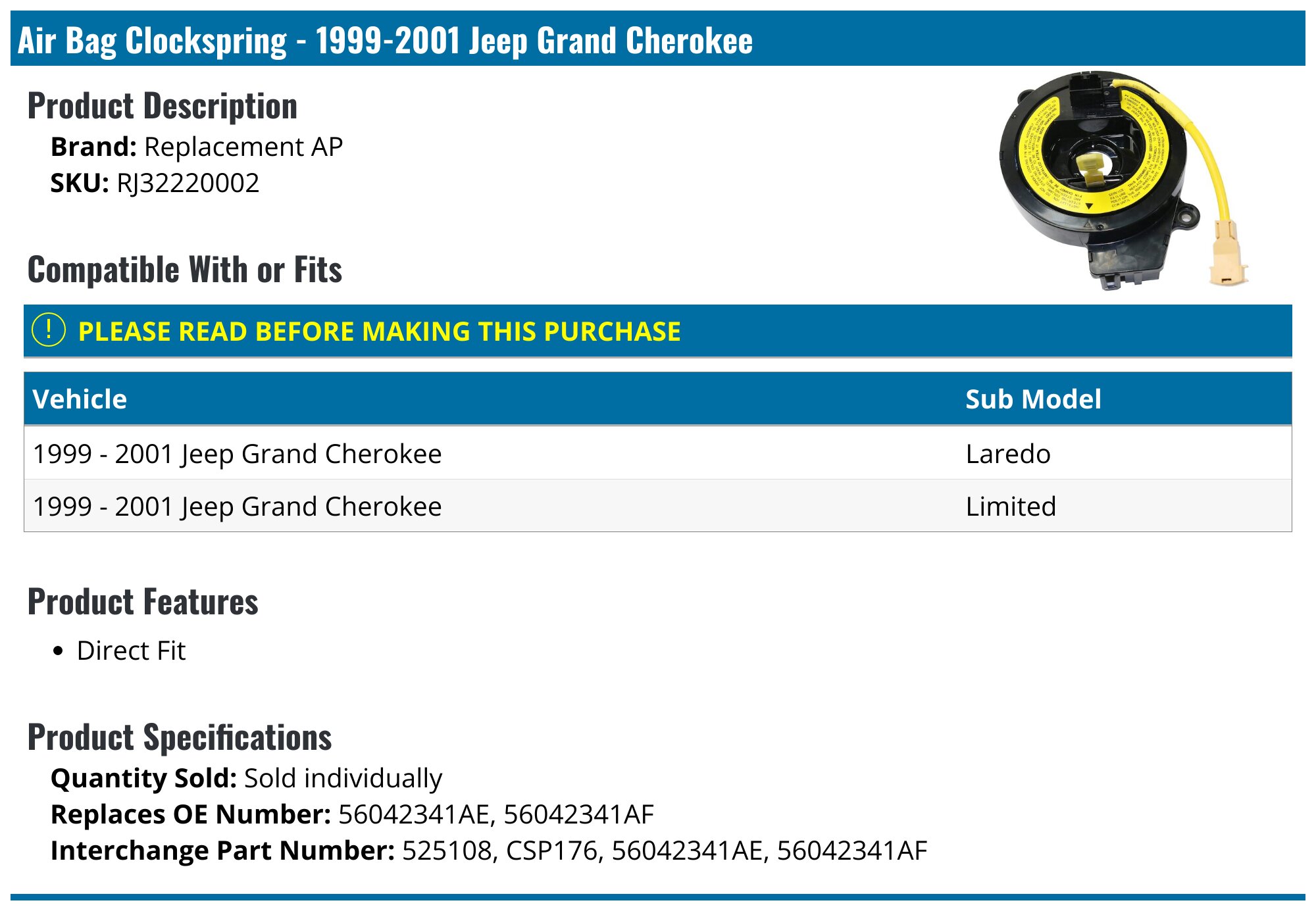 Driver Airbag Clock Spring Plug Connector For 2012-2015 Jeep Grand Cherokee - OEM Style Electrical Connector
