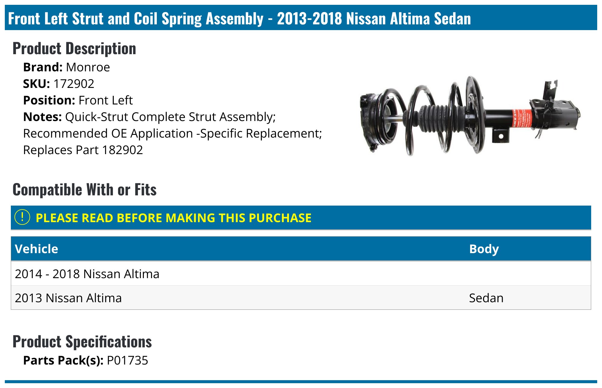 AM Autoparts Front Left Strut & Coil Spring Assembly For 2013-2018 Nissan Altima – 10-Year Warranty