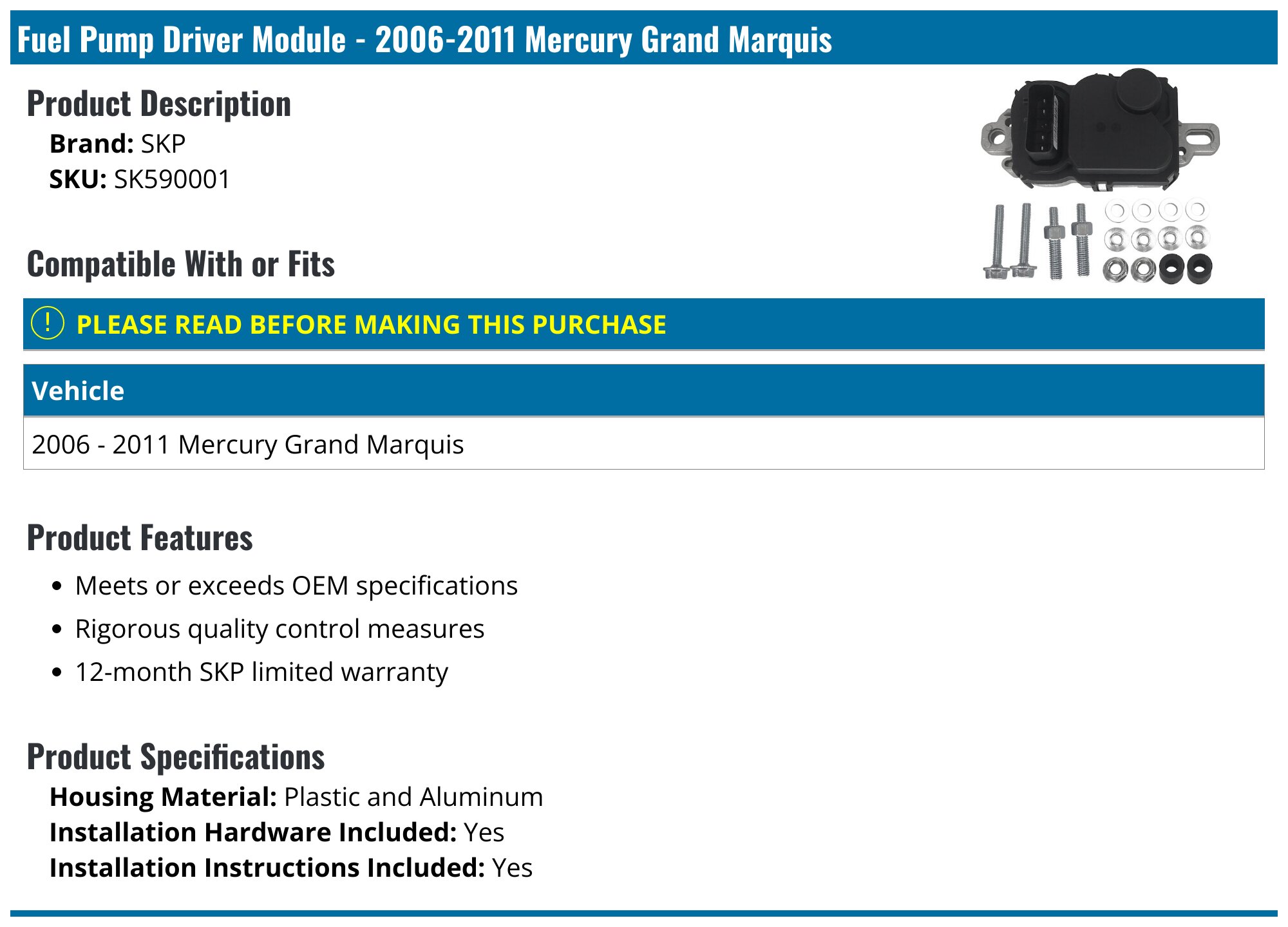 20062011 Mercury Grand Marquis Fuel Pump Control Module SKP SK590001