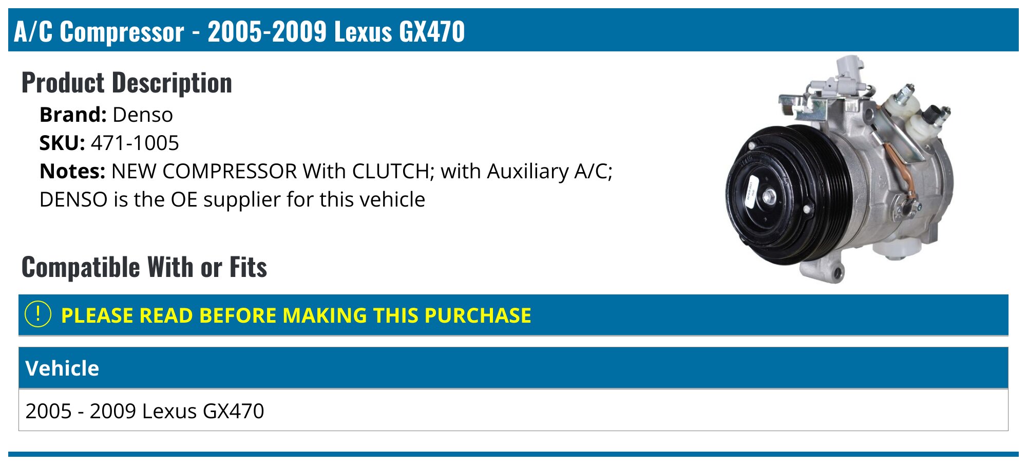 Lexus GX470 AC Compressor - Air Conditioning - Denso UAC