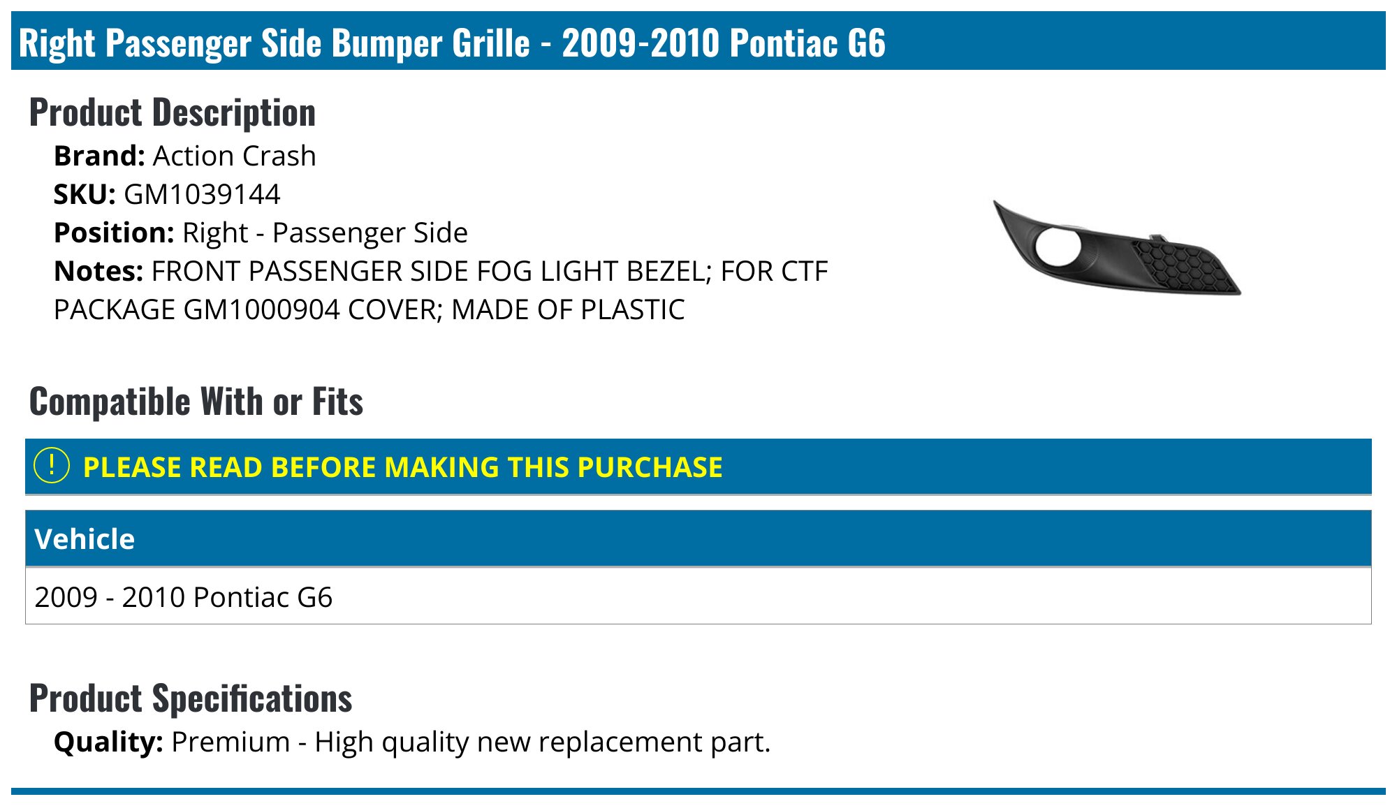Evan-Fischer Center Bumper Grille For Pontiac G6 2009-2010 – Black Plastic, Direct Fit