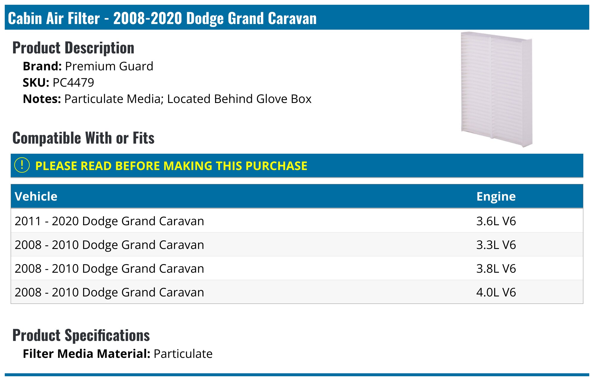 Premium Cabin Air Filter Replacement For 2008-2020 Dodge Grand Caravan & 2009-2013 Infiniti FX50