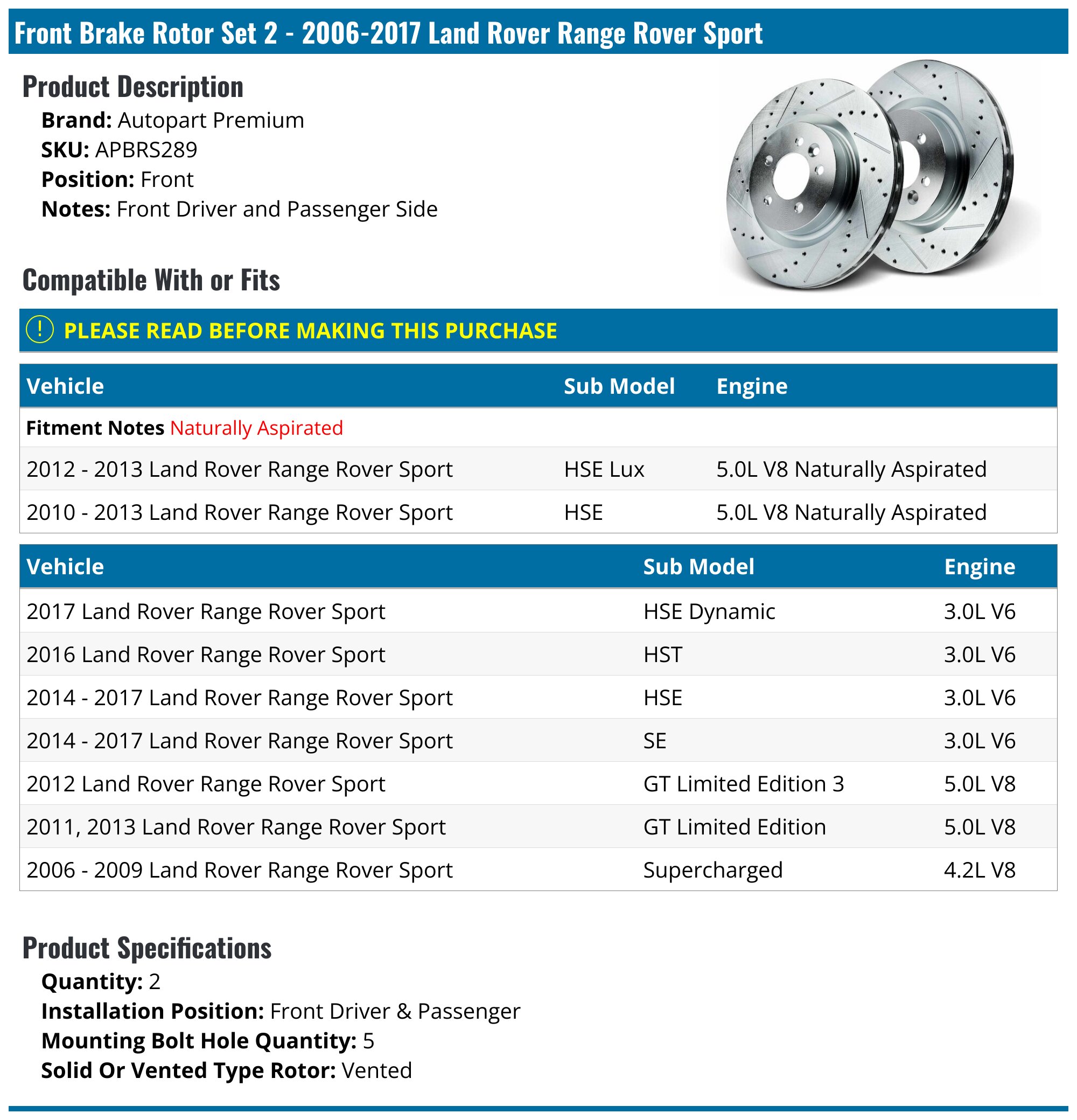 2006-2017 Land Rover Range Rover Sport Brake Rotor - Autopart Premium  APBRS289 - Front - PartsGeek.com