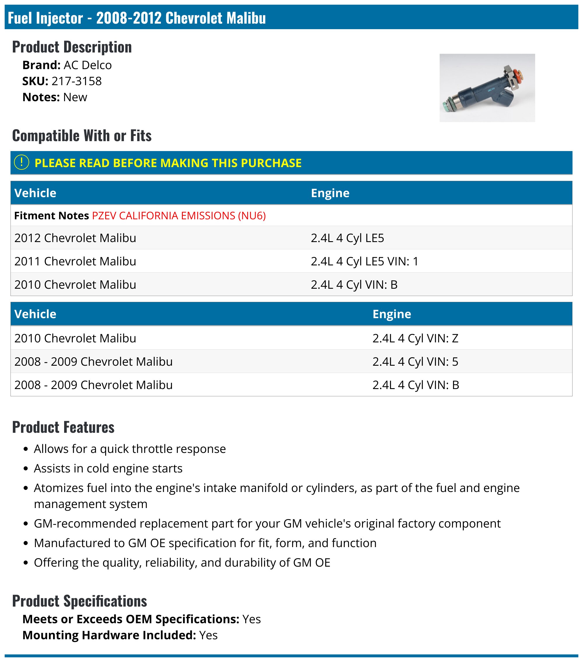 Acdelco 217-2255 Sequential Multi Port Fuel Injector Kit With Fuel