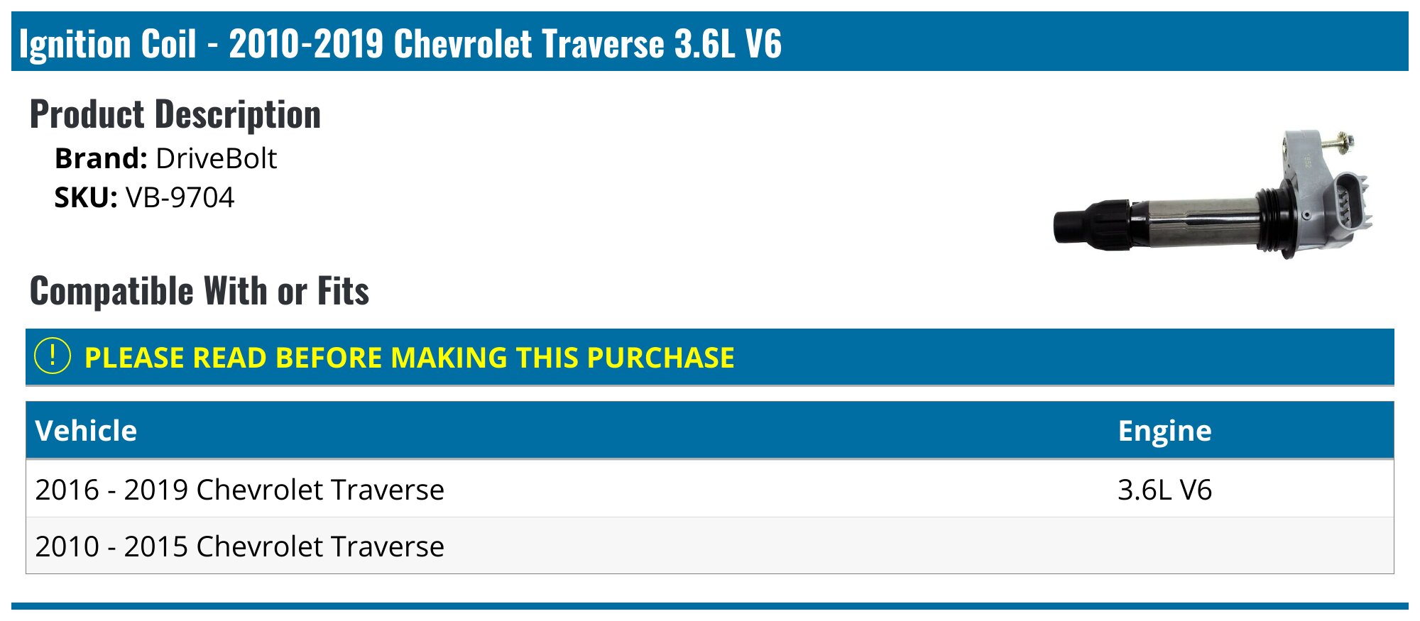 2010-2017 Chevrolet Traverse 3.6L V6 6 Pc DENSO Direct Plug On Coil Kit Tune Up 2056037799 2010-2017 Chevrolet Traverse 3.6L V6 6 Pc DENSO Direct Plug On Coil Kit Tune Up 2056037799