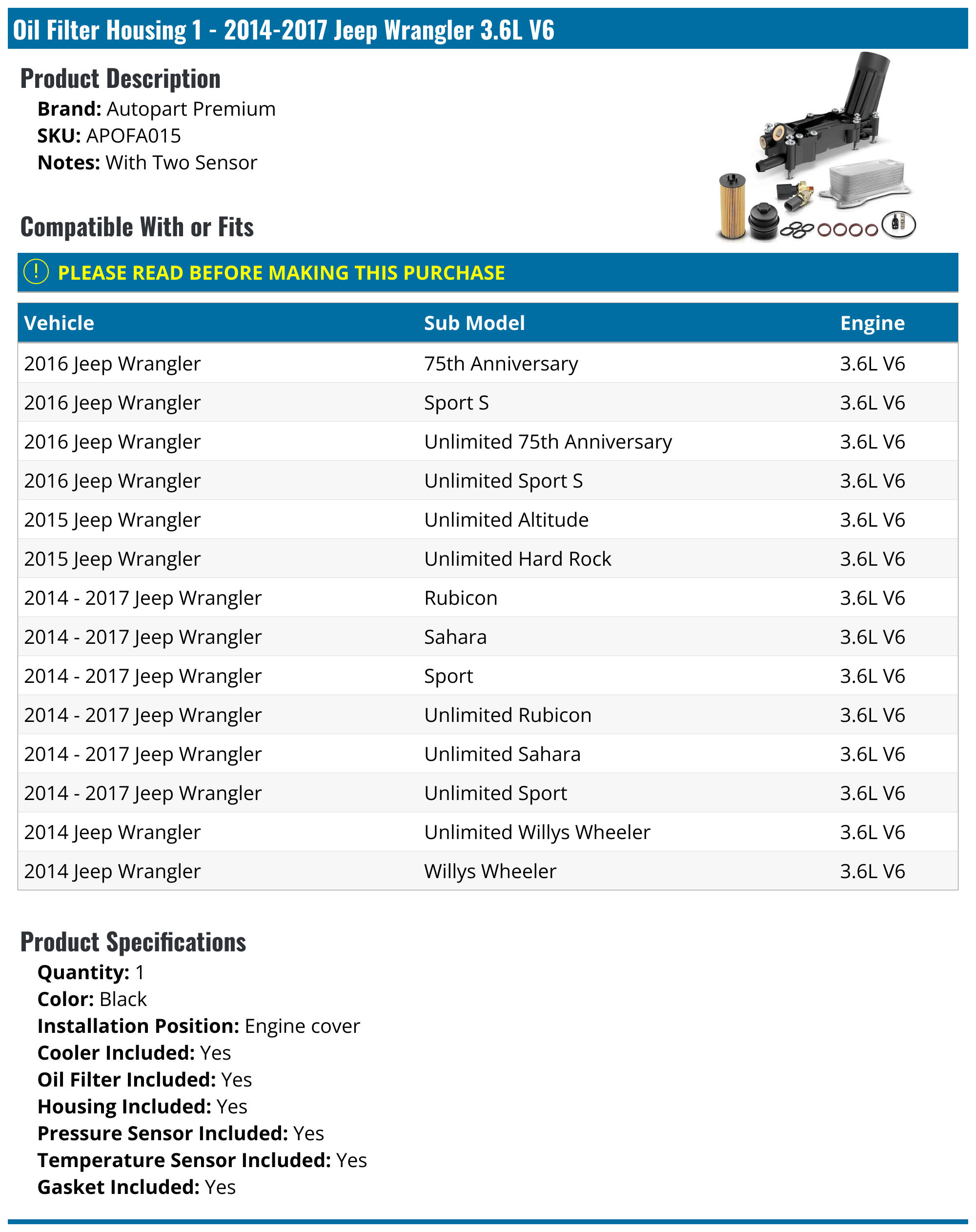 20142017 Jeep Wrangler Oil Filter Housing Autopart Premium APOFA015