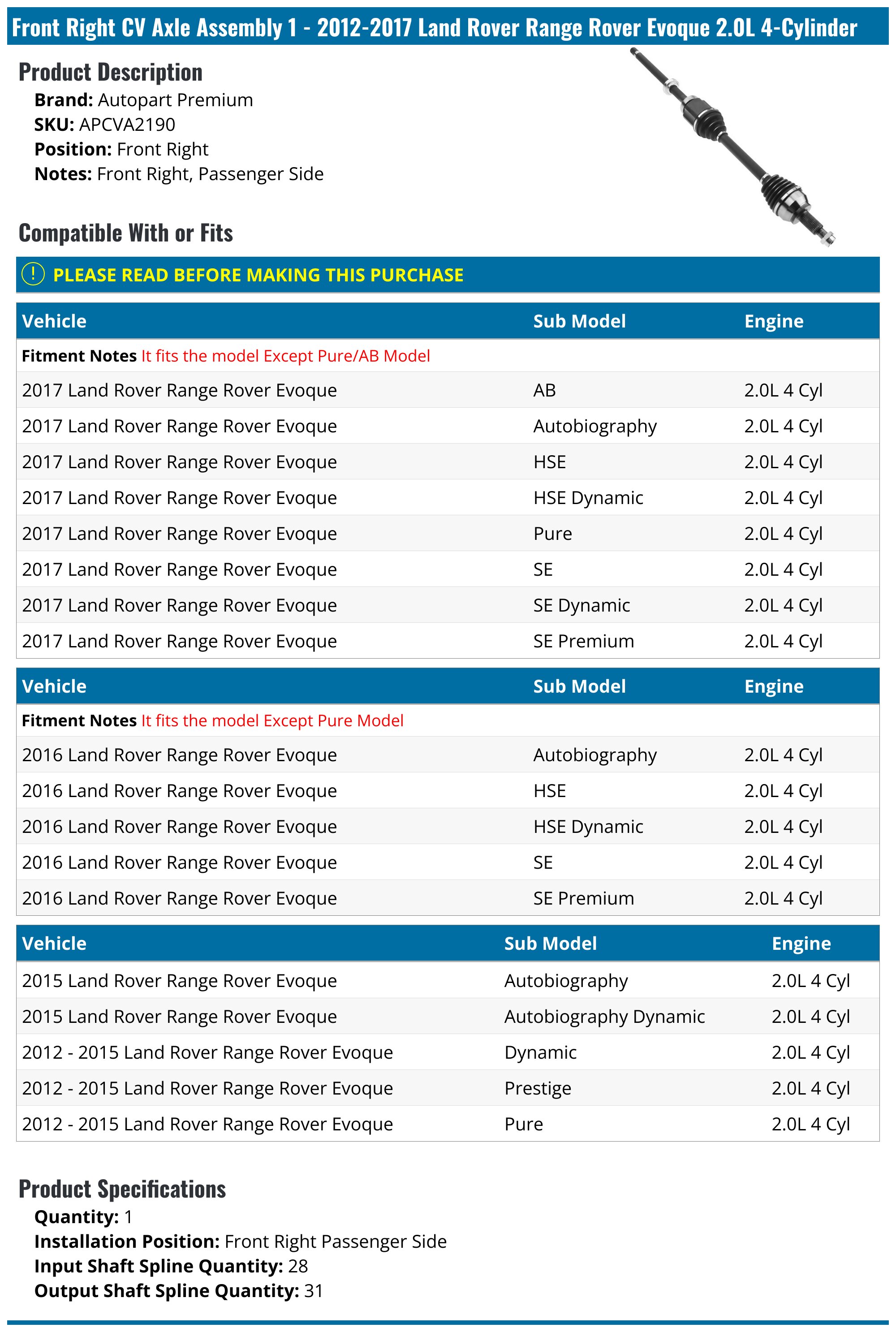 Land Rover Range Rover Evoque Axle - Drive Axles - TRQ Autopart Premium ...