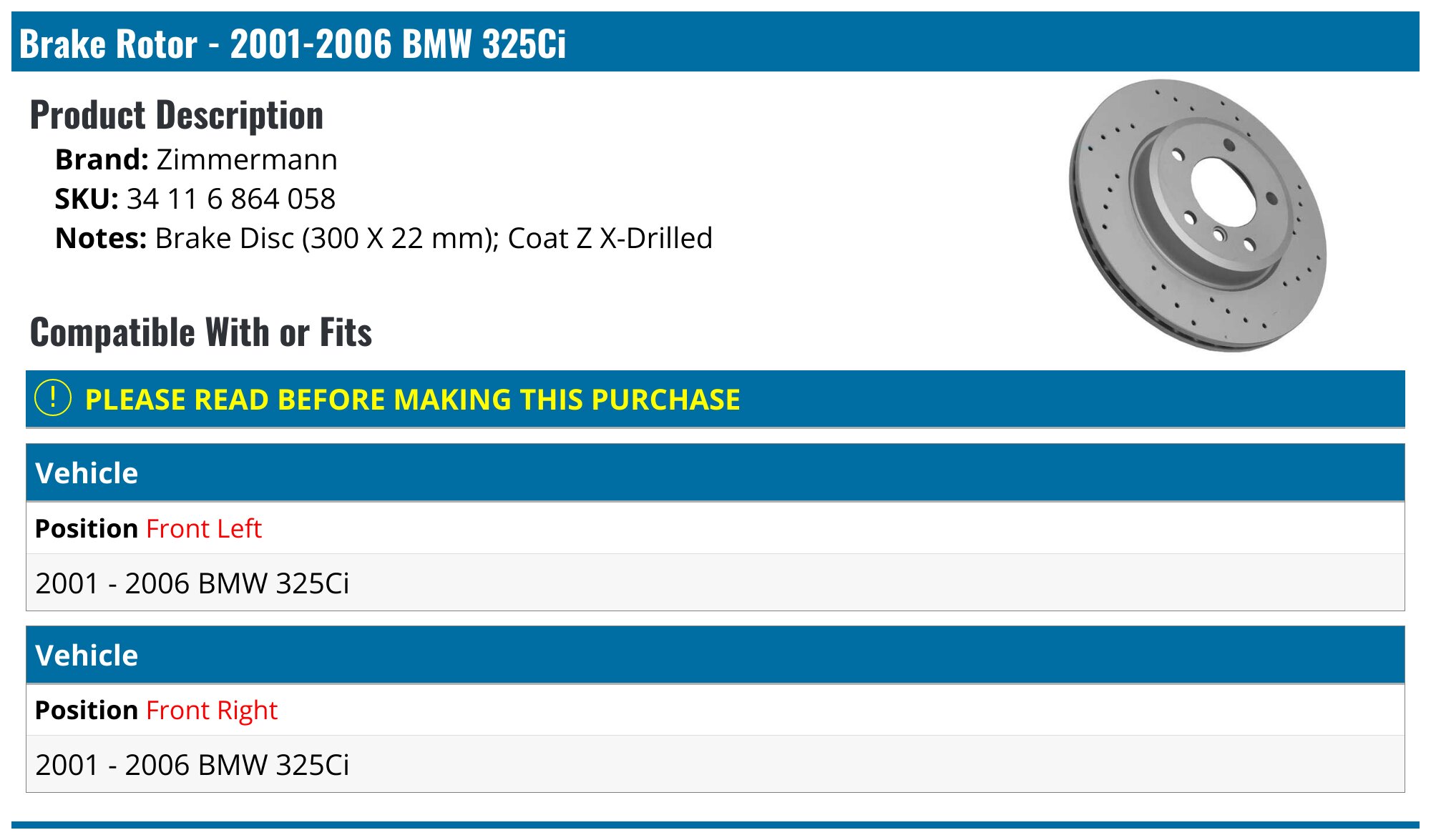 2001-2006 BMW 325Ci Brake Rotor - Zimmermann 34 11 6 864 058