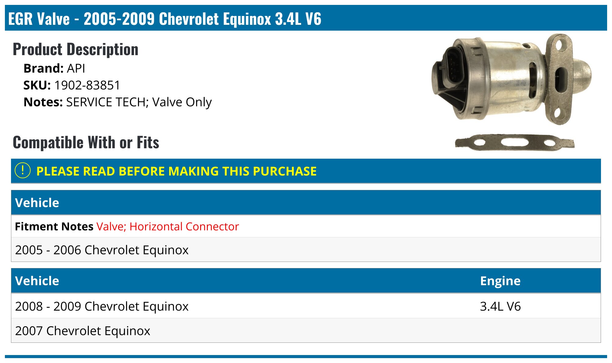 2005-2009 Chevrolet Equinox EGR Valve - API 18225-07632218 - PartsGeek.com, image size:2000x1185